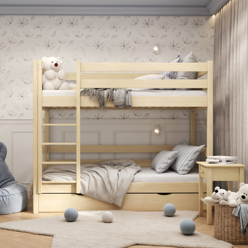 Drewniane łóżko piętrowe z szufladą N01 sosna bezbarwna – widok ogólny, lite drewno sosnowe