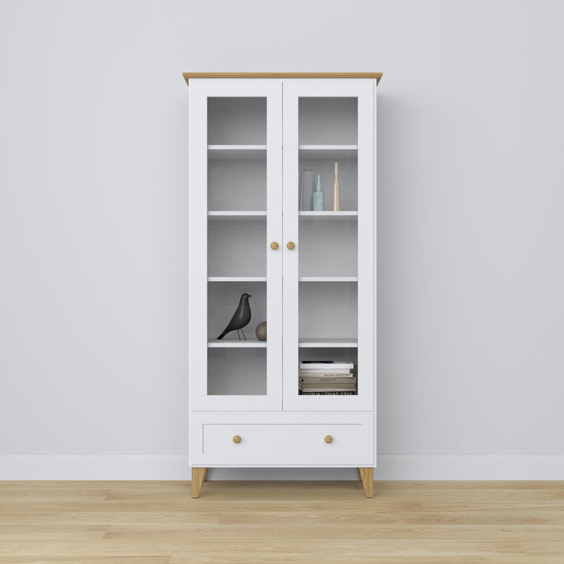 Vitrinekast met lade houten wit met eiken 90 cm – woonkamer, Scandinavische stijl Nizio