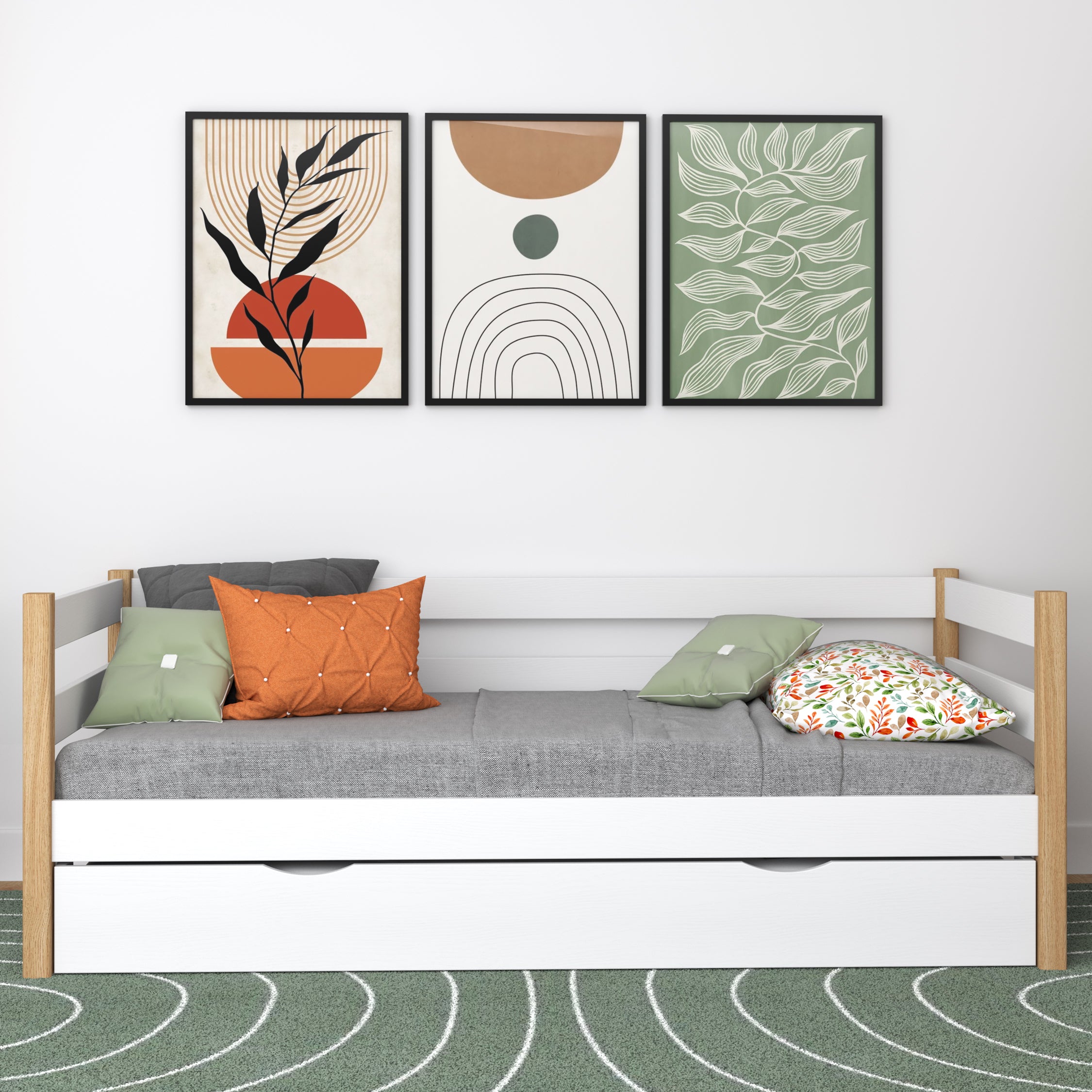 Łóżko sofa biało-dębowy – boczna bariera drewniane, widok boczny, Nizio