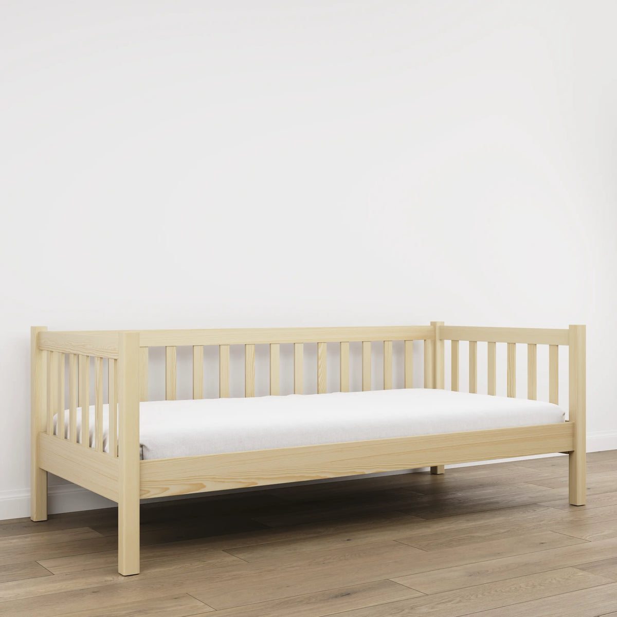 Łóżko sofa sosna bezbarwna – boczna bariera drewniane, bezpieczeństwo dla dzieci