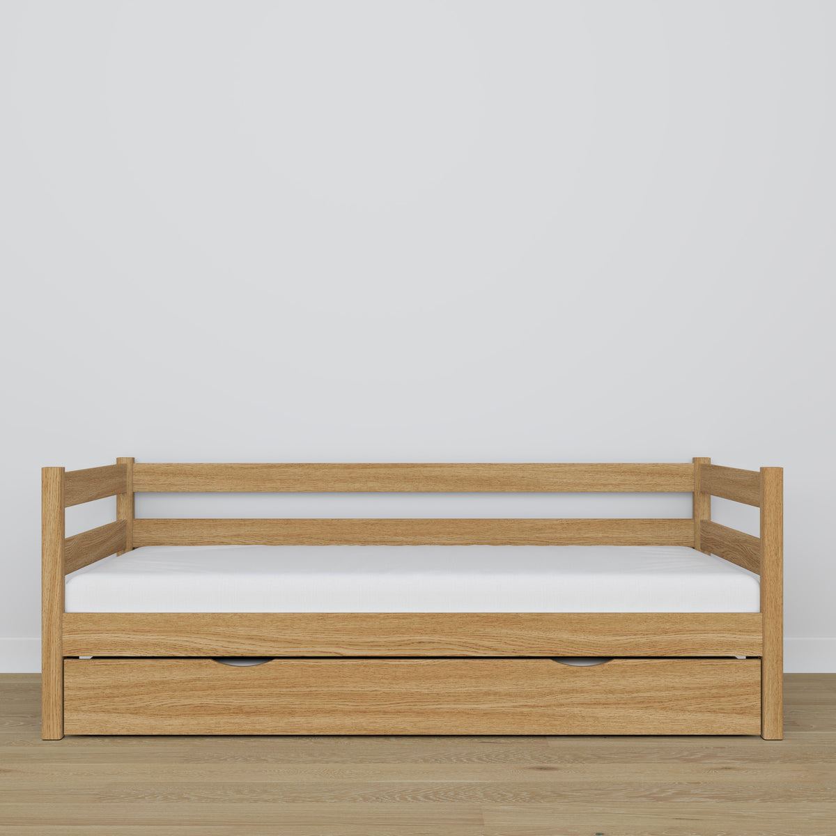 Łóżko sofa z szufladą na materac N01 dąb naturalny – dodatkowy widok, lite drewno dębowe
