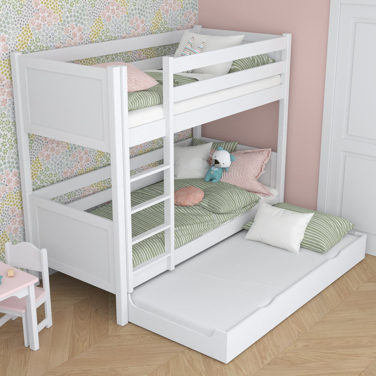 Łóżko piętrowe biały dla dzieci – szuflada na materac, drewniane, Nizio