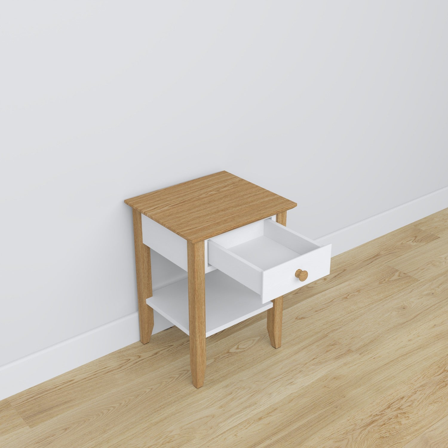 Szafka nocna N01 drewniane biały z dębem – szuflada otwarta, schowek przy łóżku