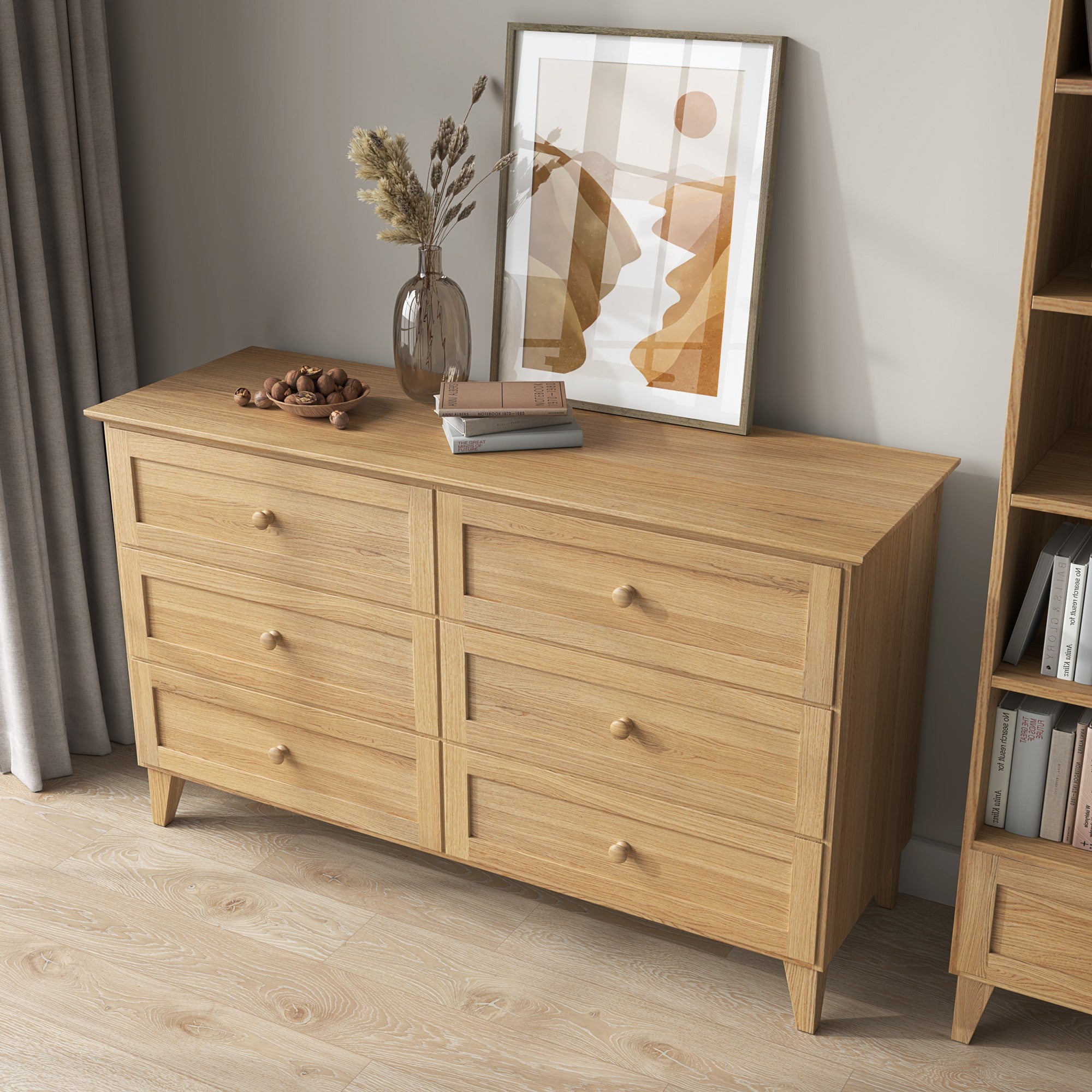 Komoda 6S dębowe dąb naturalny 154 cm w sypialni – aranżacja skandynawska