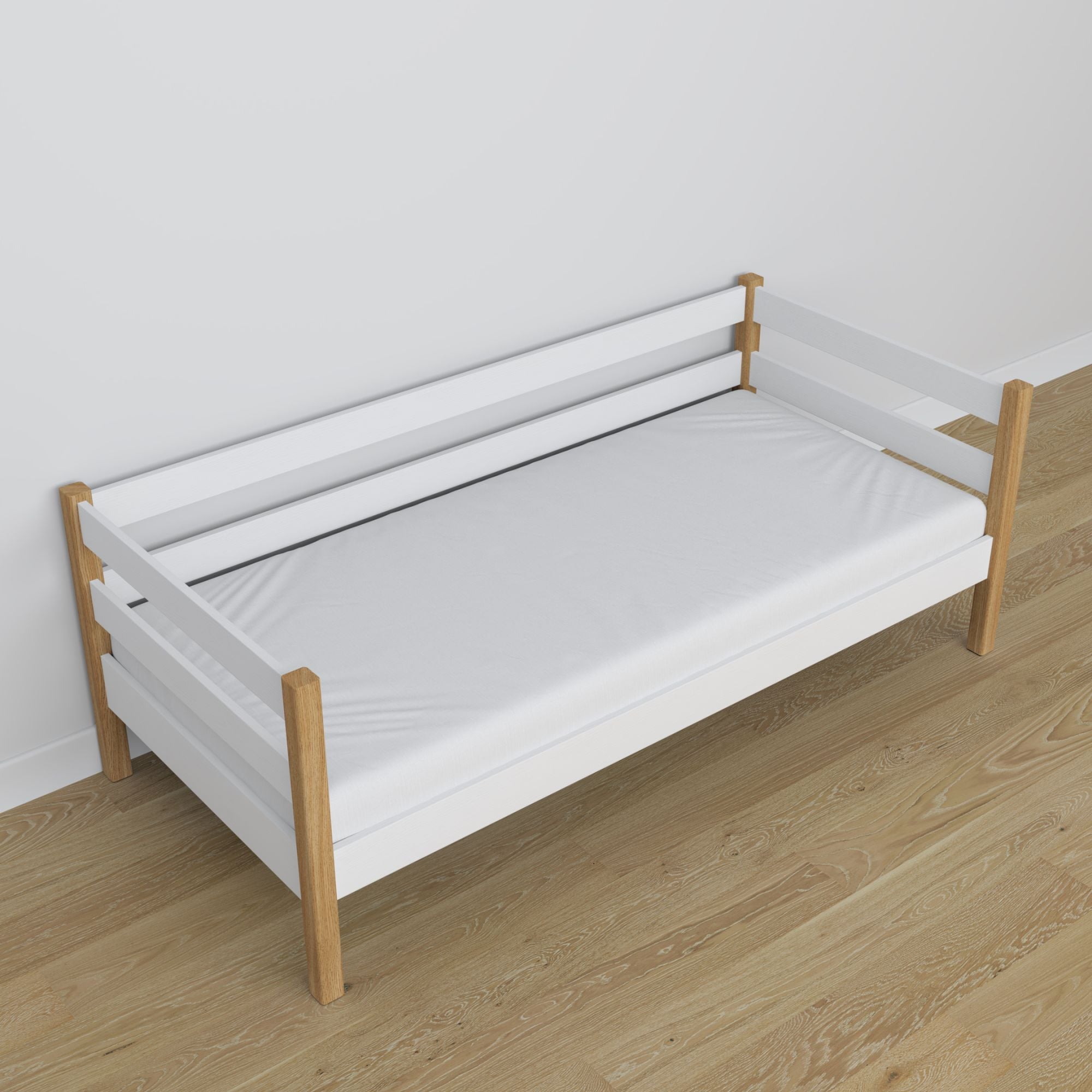Łóżko sofa biało-dębowy z drewna – wymiary i schemat, Nizio