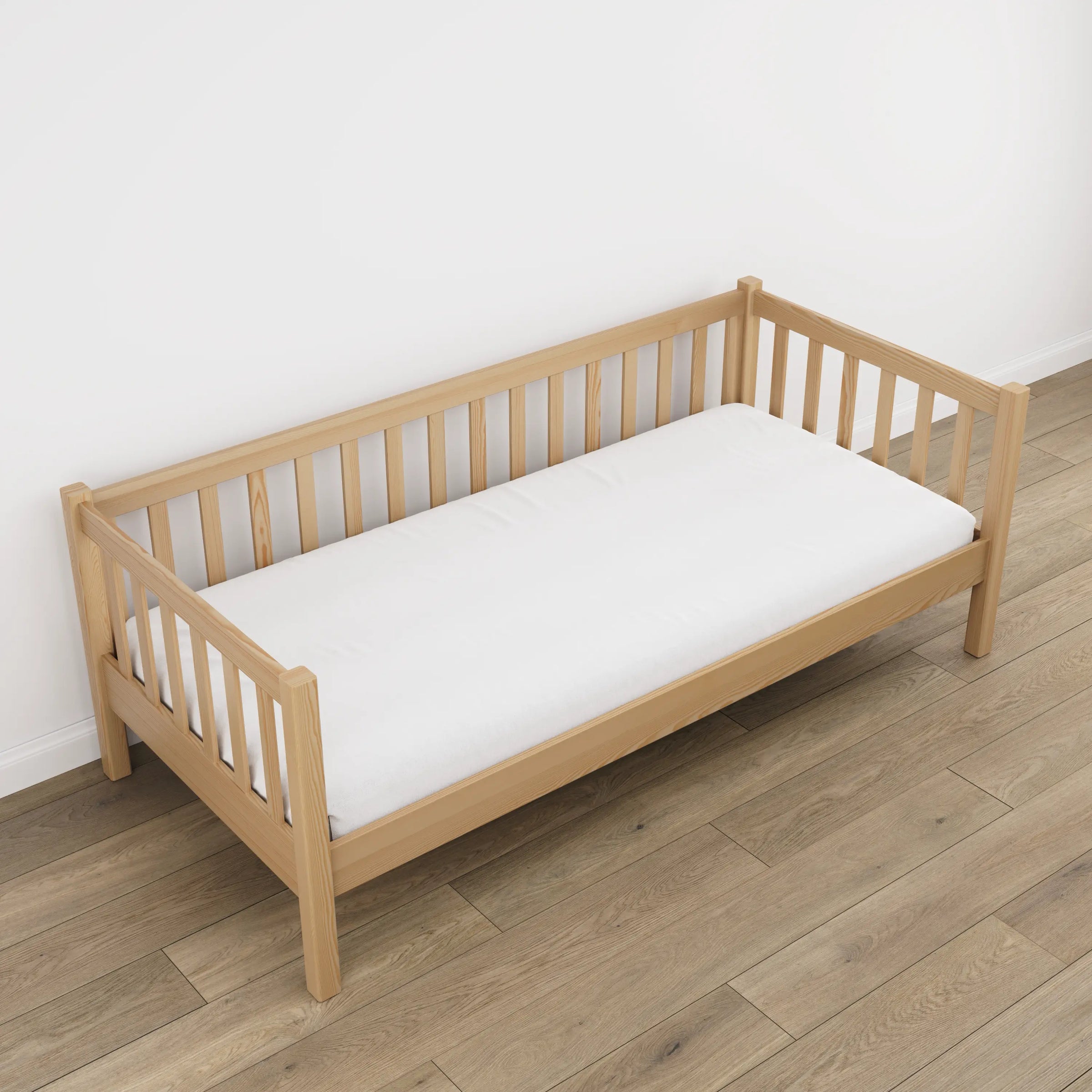 Łóżko sofa sosna naturalna w pokoju dziecięcym – aranżacja scandi, drewniane