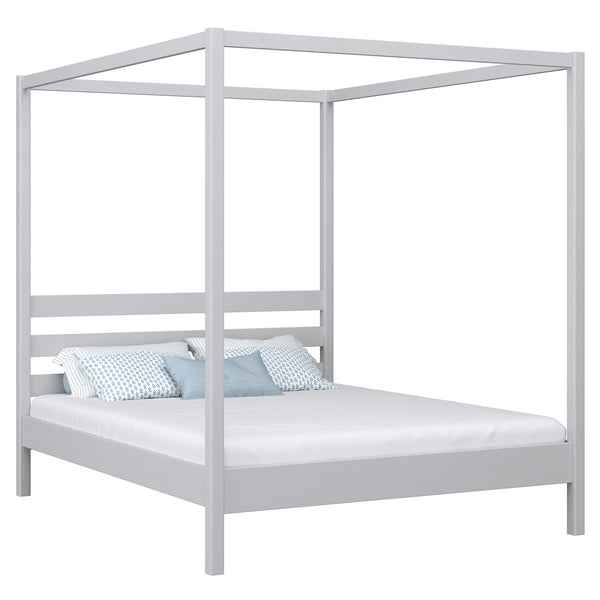 Drewniane łóżko podwójne z baldachimem N01 popielaty – widok ogólny, lite drewno sosnowe