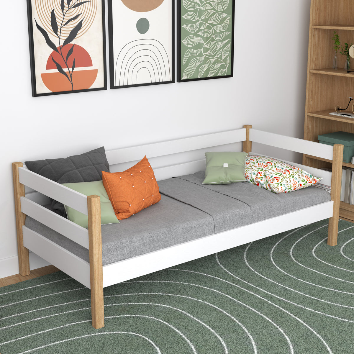 Łóżko sofa drewniane biało-dębowy – widok boczny, bryła i proporcje mebla