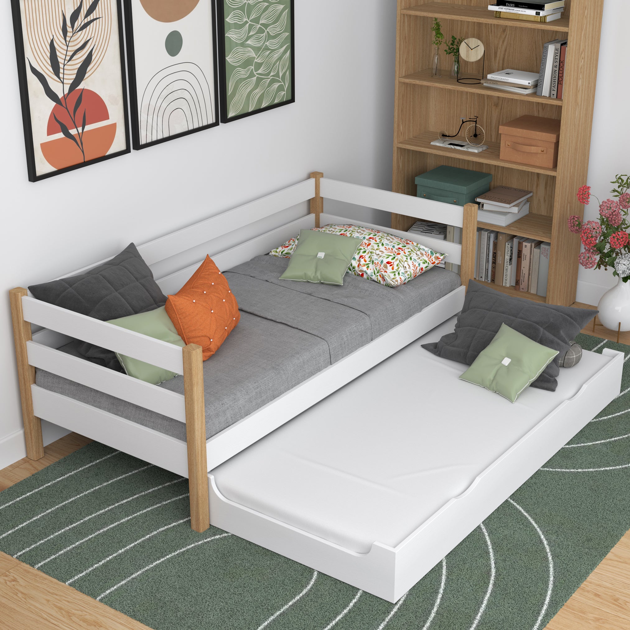 Łóżko sofa drewniane biało-dębowy – szuflada na materac wysunięta, dla gości