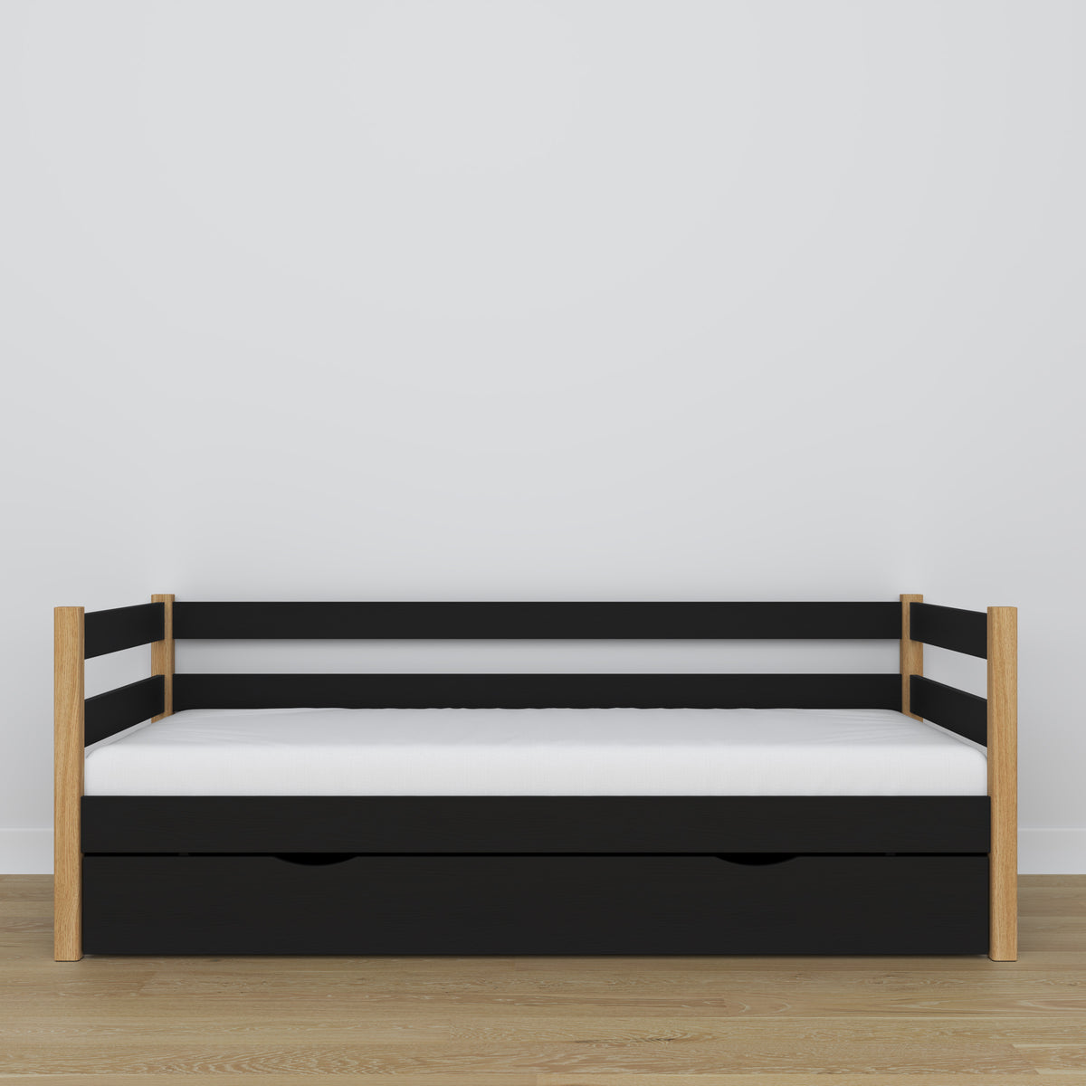 Łóżko sofa z szufladą czarno-dębowy z drewna – wymiary i schemat, Nizio