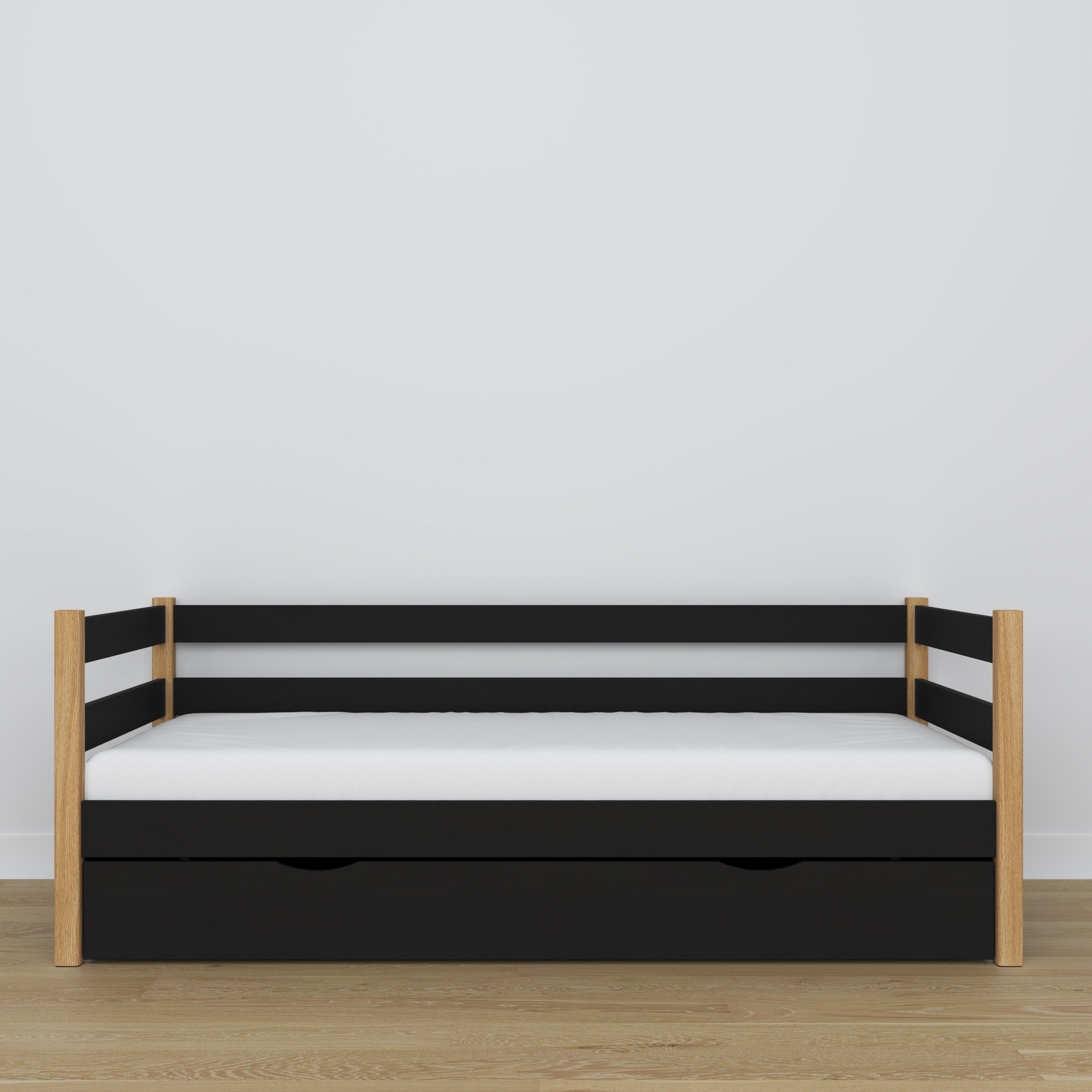 Łóżko sofa z szufladą czarno-dębowy z drewna – wymiary i schemat, Nizio