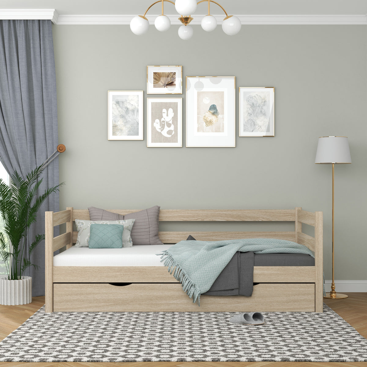 Łóżko sofa dąb bielony – boczna bariera dębowe, widok boczny, Nizio