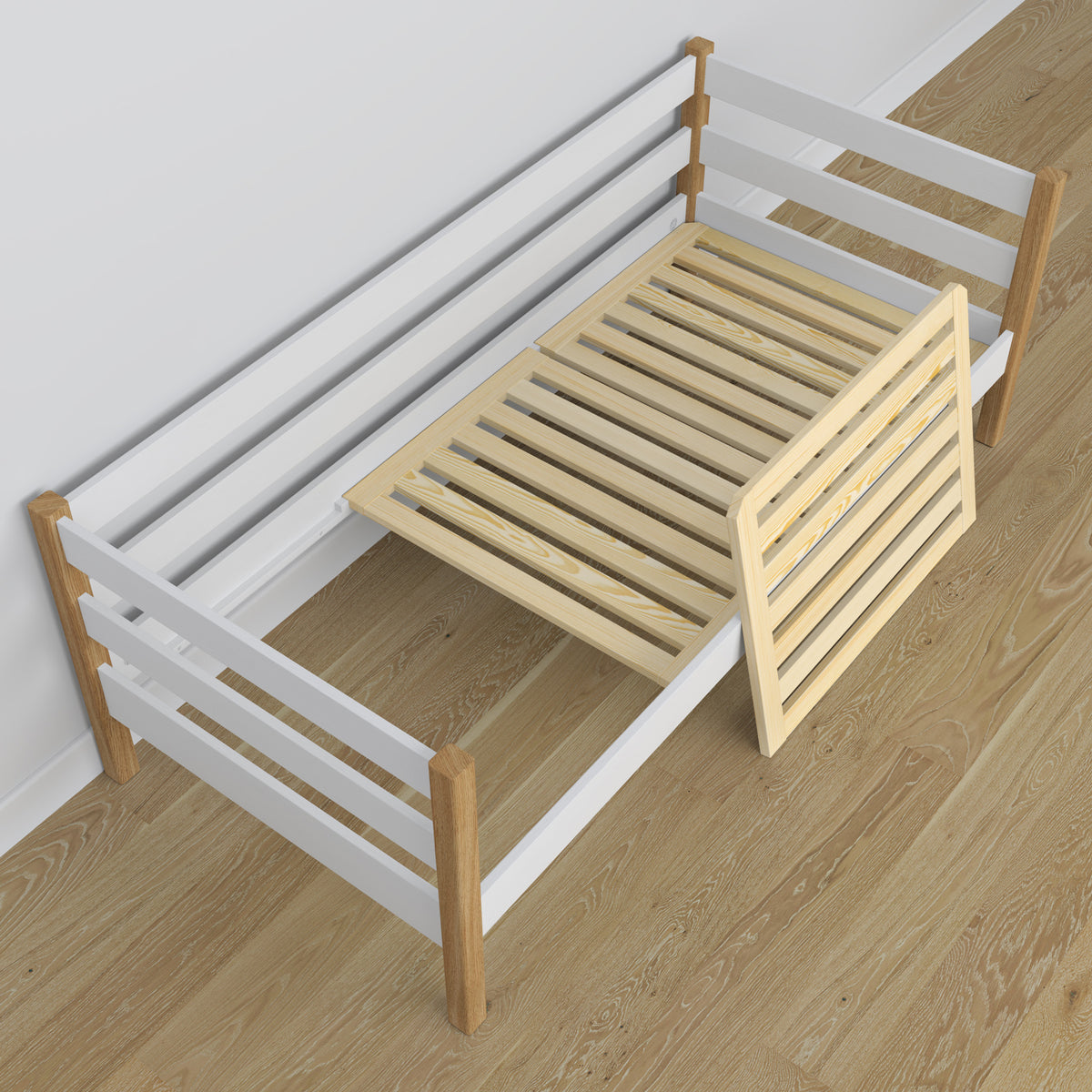 Łóżko sofa drewniane biało-dębowy – widok od wezgłowia, pokój dziecięcy