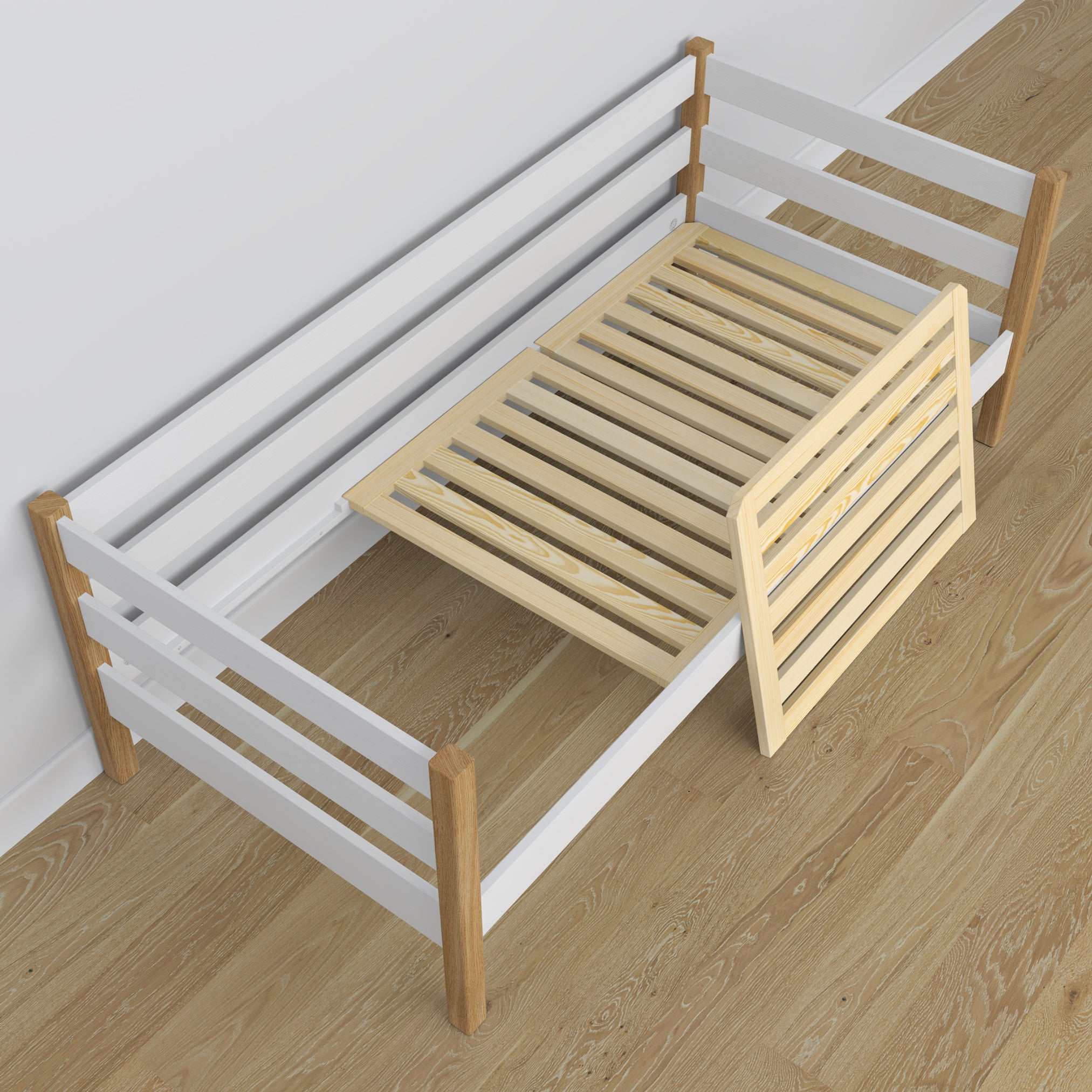 Łóżko sofa drewniane biało-dębowy – widok od wezgłowia, pokój dziecięcy