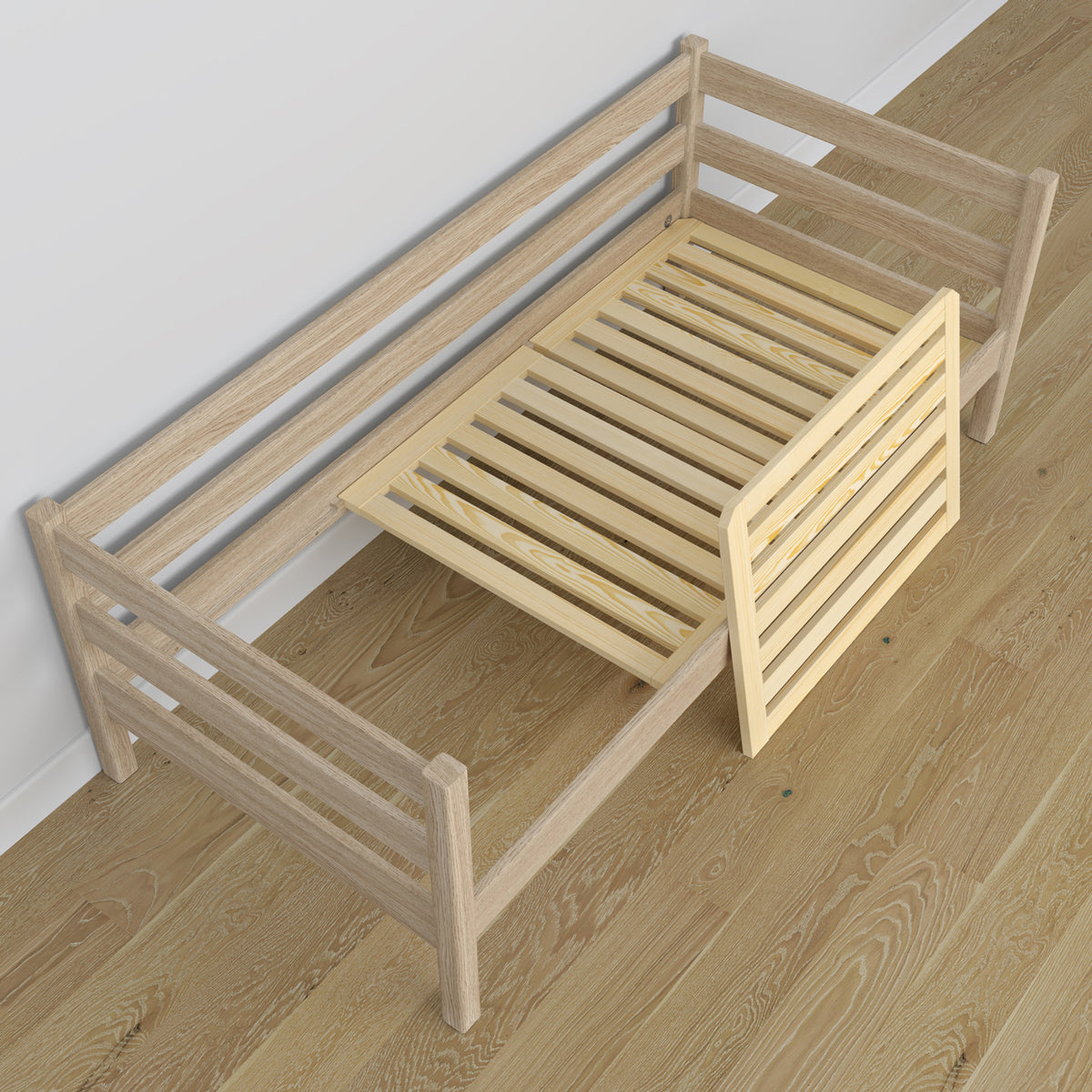 Łóżko sofa N01 dąb bielony – widok z innej perspektywy, solidne drewno