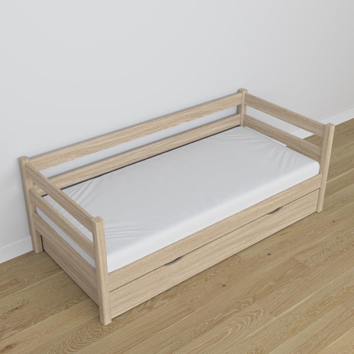 Łóżko sofa z szufladą na materac N01 dąb bielony – widok z innej perspektywy, solidne drewno