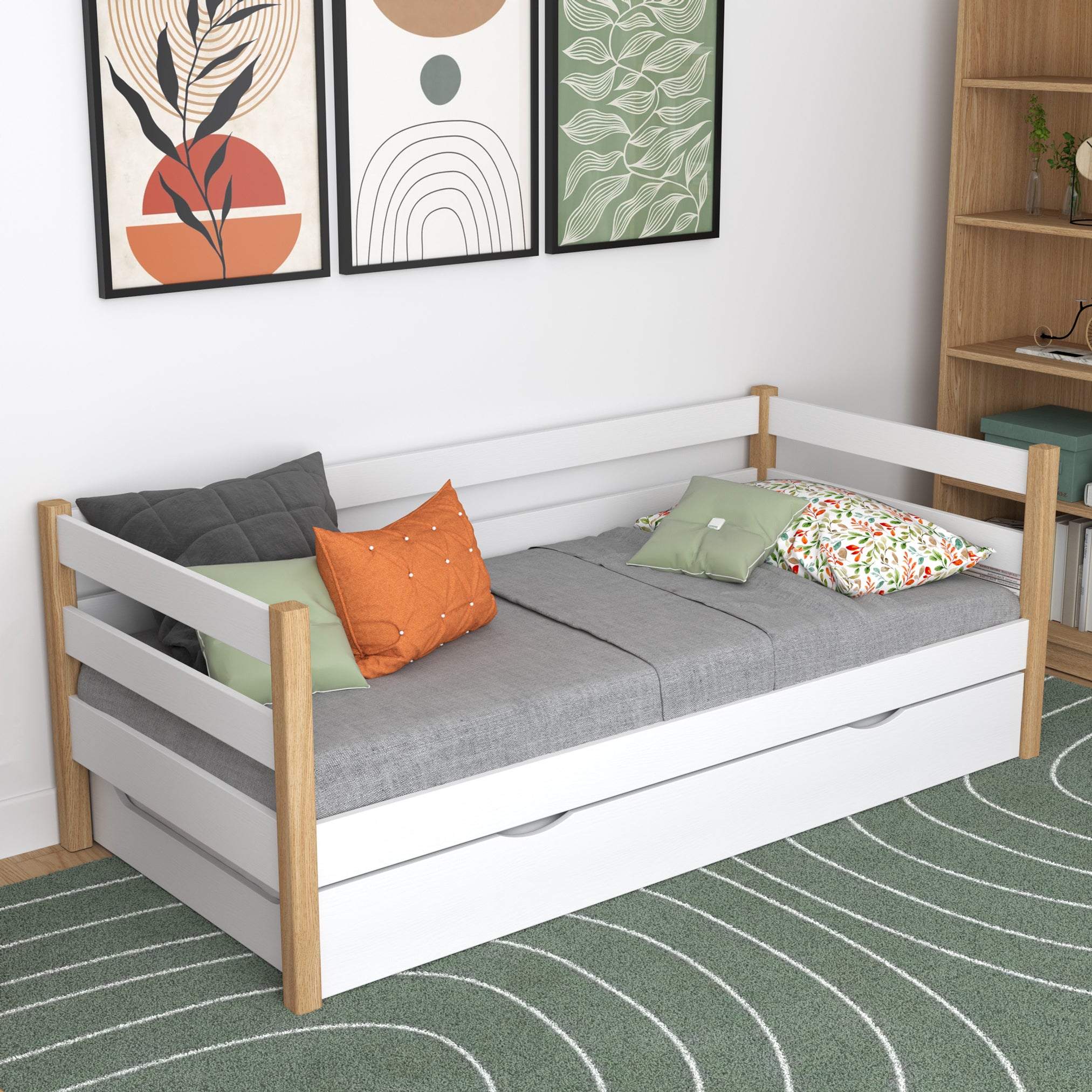 Łóżko sofa biało-dębowy z szufladą na materac – drewniane, Nizio Home