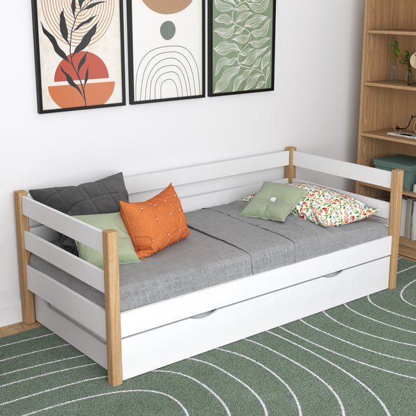 Wooden sofa bed with mattress drawer N01 white / oak