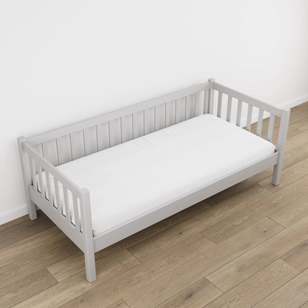 Łóżko sofa popielaty w pokoju dziecięcym – aranżacja scandi, drewniane
