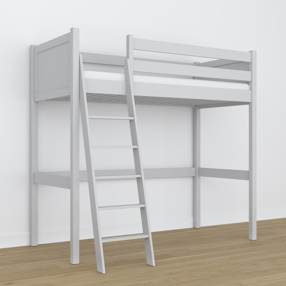 Łóżko na antresoli drewniane popielaty – detale złączeń i drabinki, Nizio Home