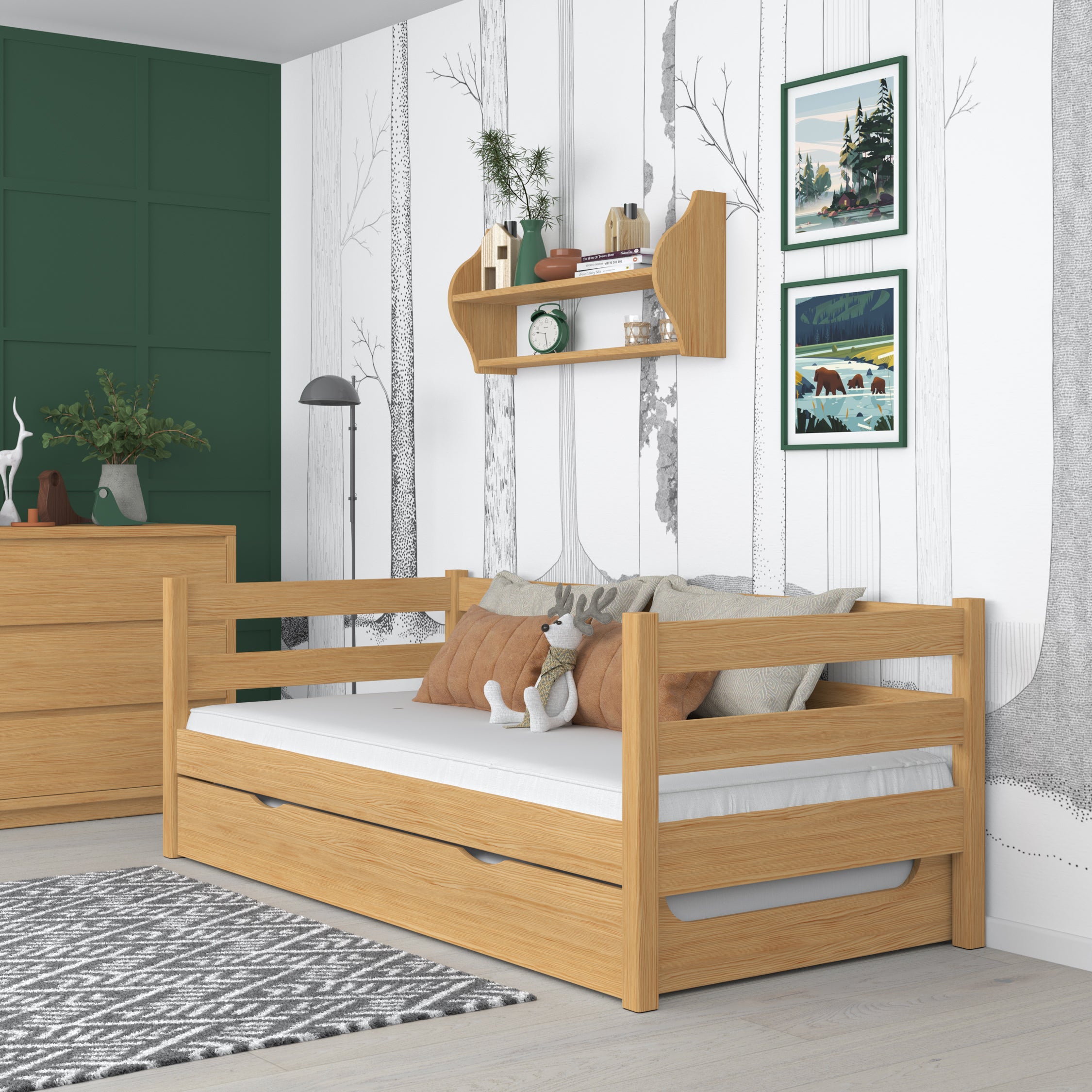 Łóżko sofa z szufladą na materac N01 sosna naturalna – dodatkowy widok, lite drewno sosnowe