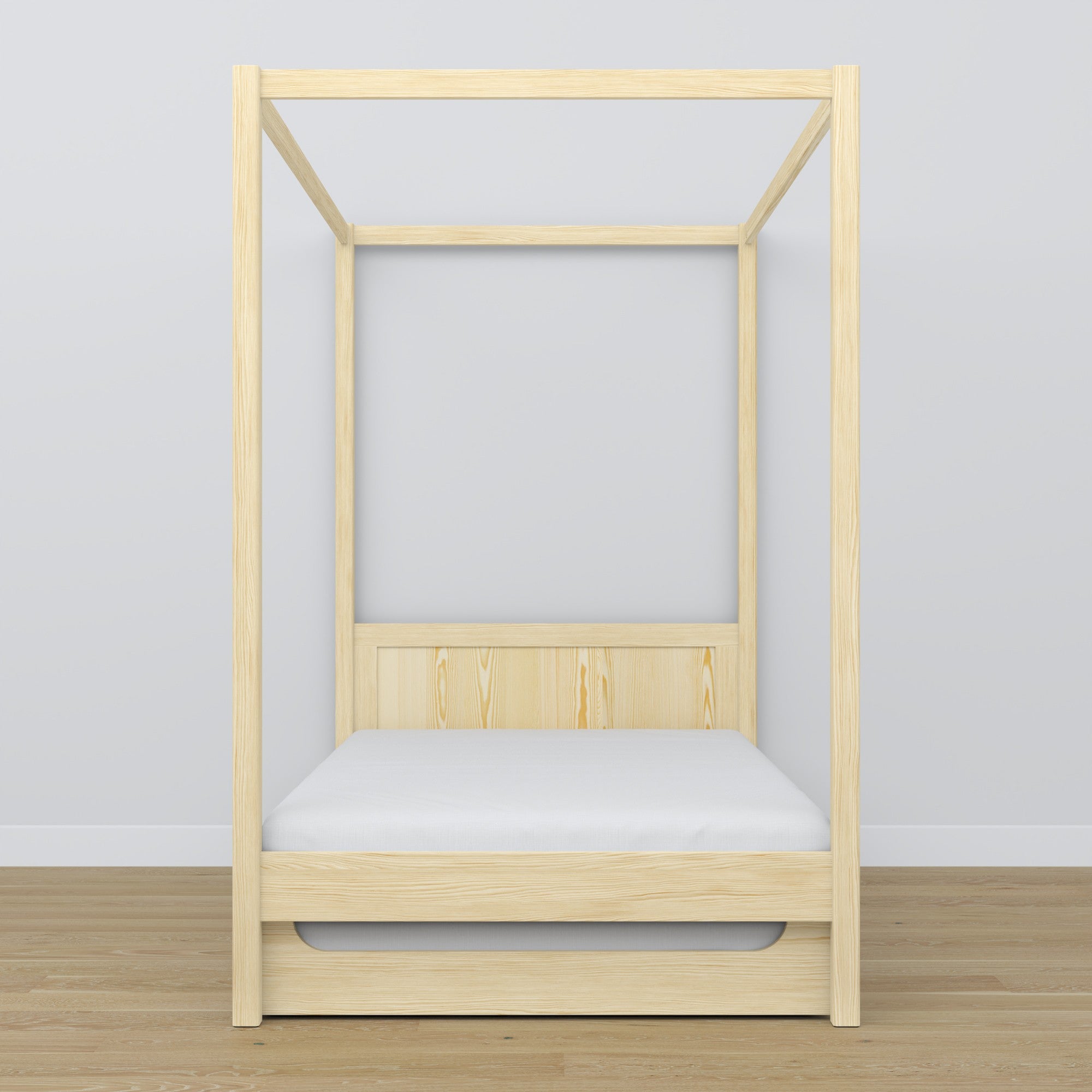 Łóżko pojedyncze z baldachimem i szufladą na materac N02 sosna bezbarwna – dodatkowy widok, lite drewno sosnowe