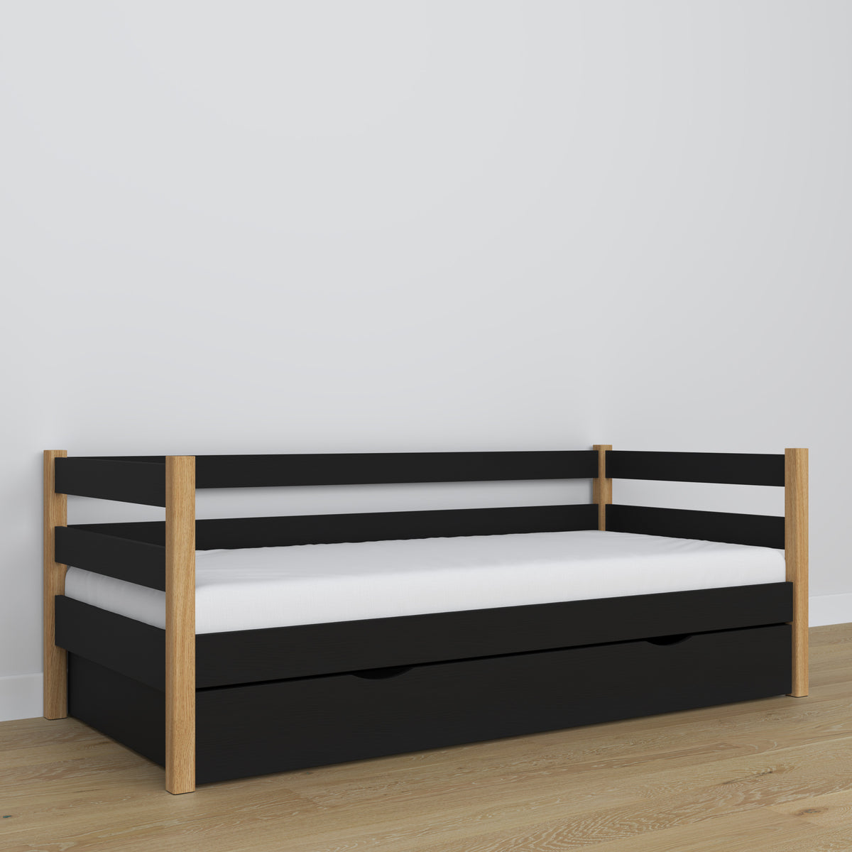 Łóżko sofa z szufladą drewniane czarno-dębowy – pokój dziecięcy, aranżacja scandi