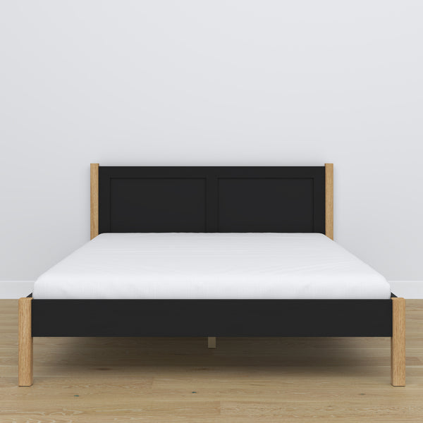 Wooden double bed black and oak – side view, proportions and shape, bedroom
