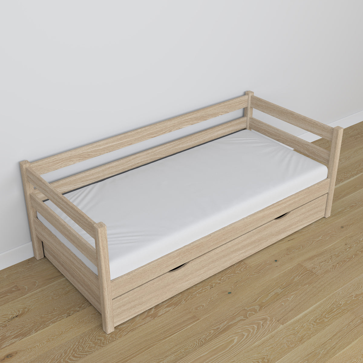Łóżko sofa z szufladą dębowe dąb bielony – pokój dziecięcy, aranżacja scandi