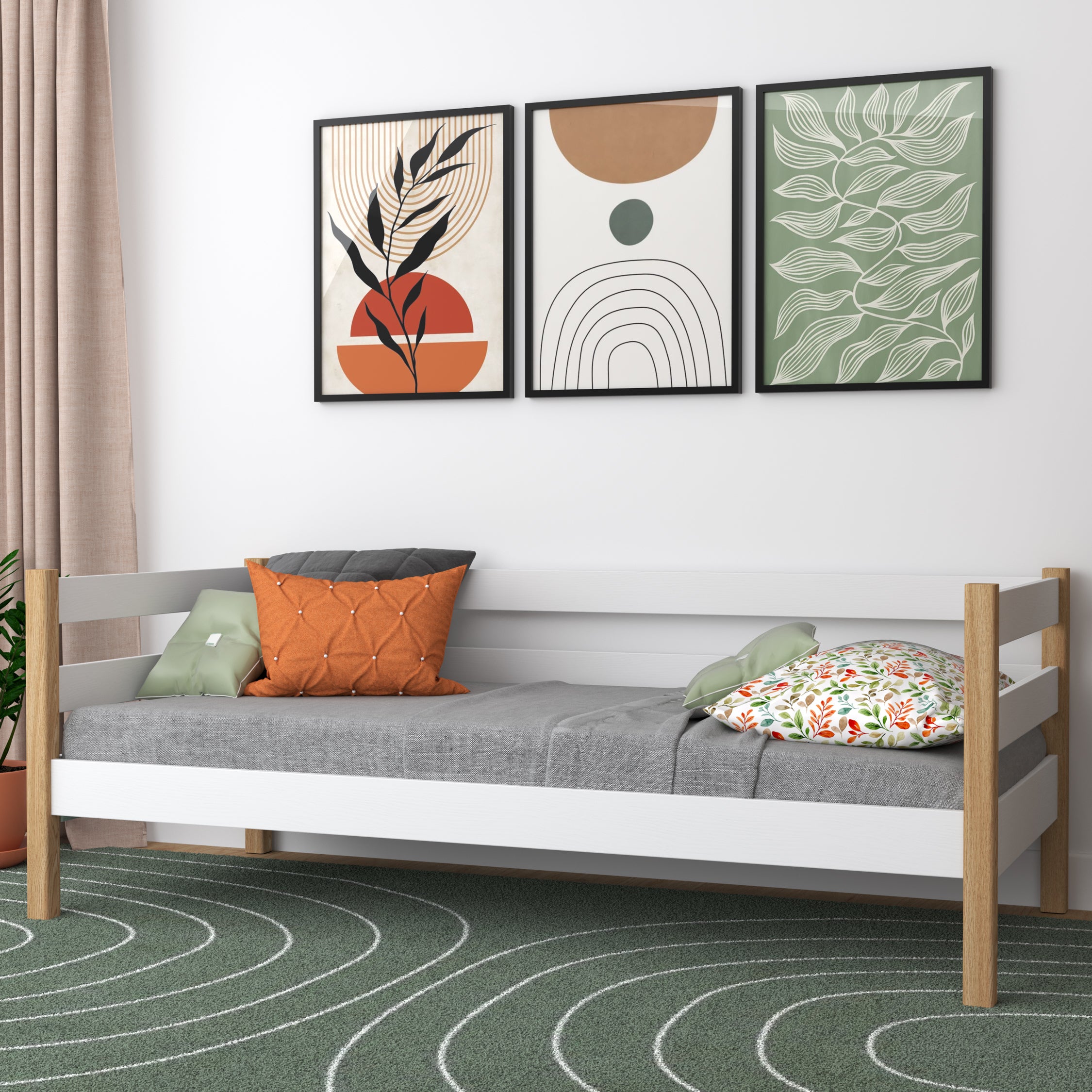 Łóżko sofa biało-dębowy w pokoju dziecięcym – aranżacja scandi, drewniane