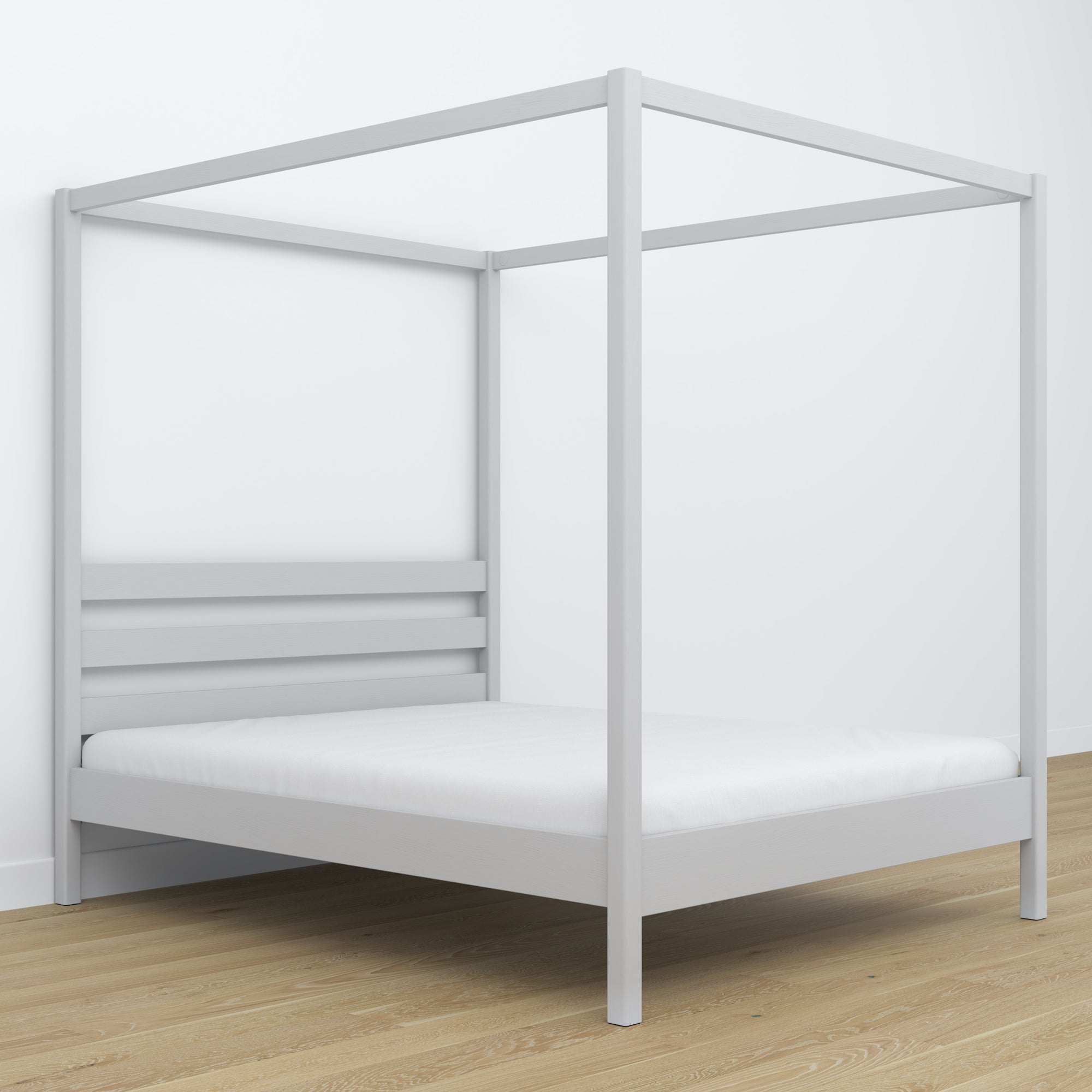 Łóżko podwójne popielaty z baldachimem – rama dekoracyjna drewniane, scandi