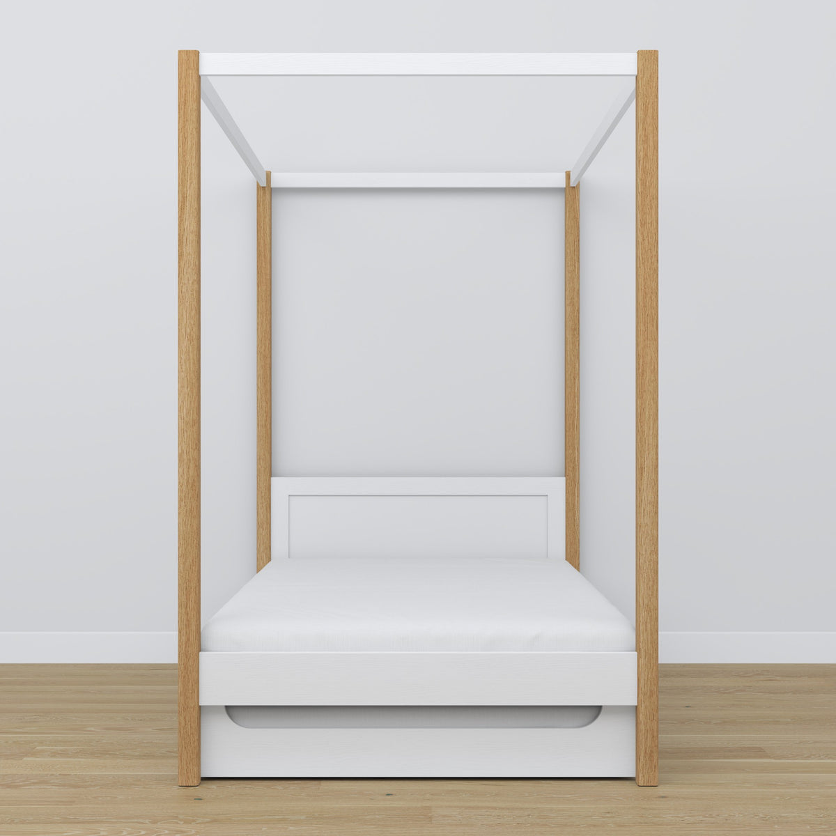 Łóżko biało-dębowy z baldachimem i szufladą – widok boczny, drewniane, Nizio