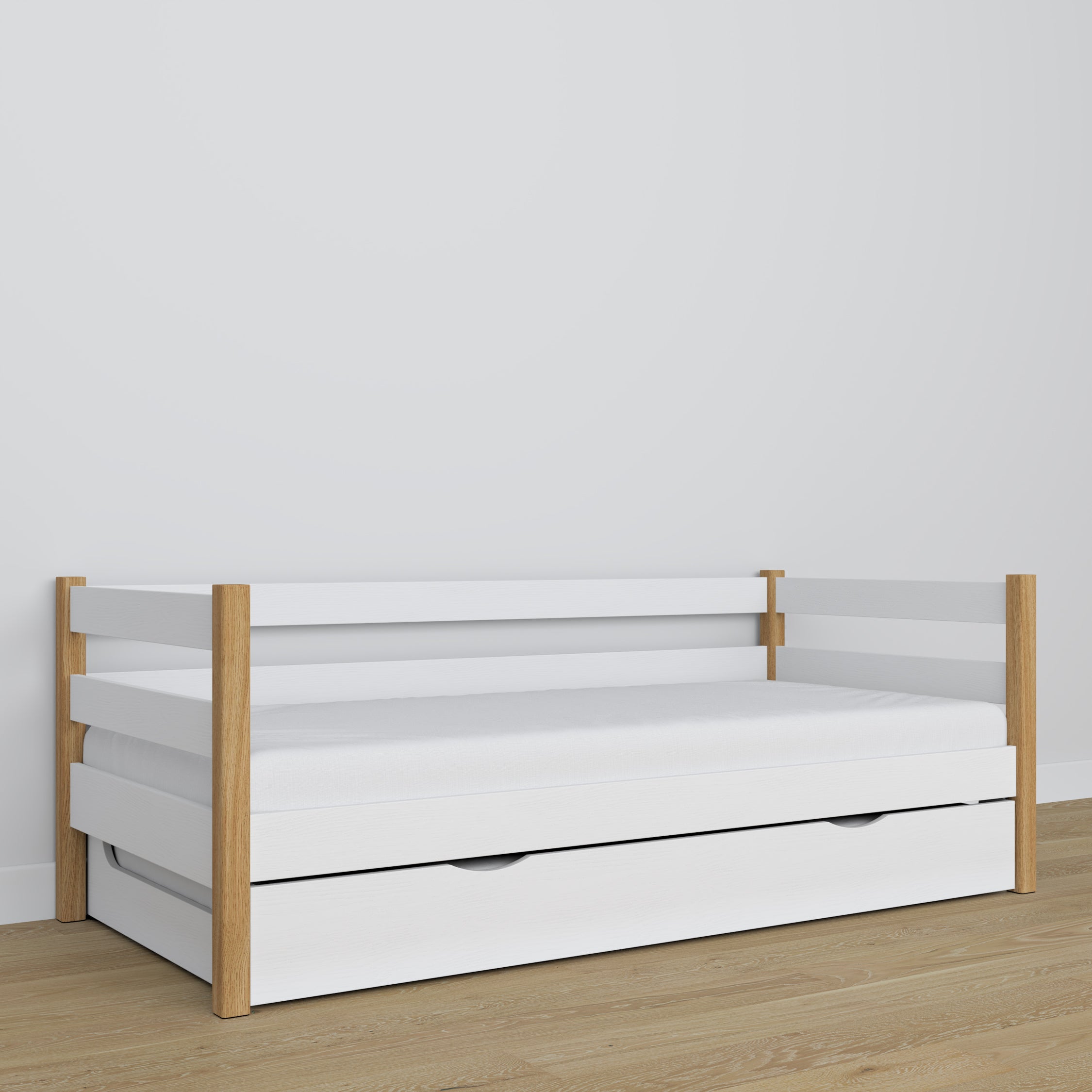 Łóżko sofa biało-dębowy – detale drewniane, wysoka jakość Nizio