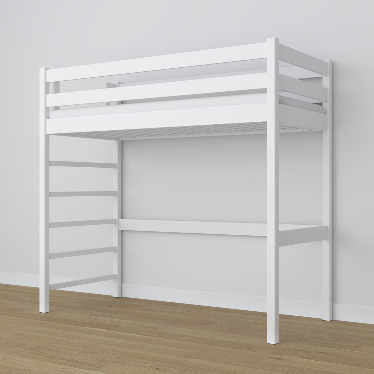 Łóżko na antresoli N01 białe drewniane w stylu skandynawskim, minimalistyczne
