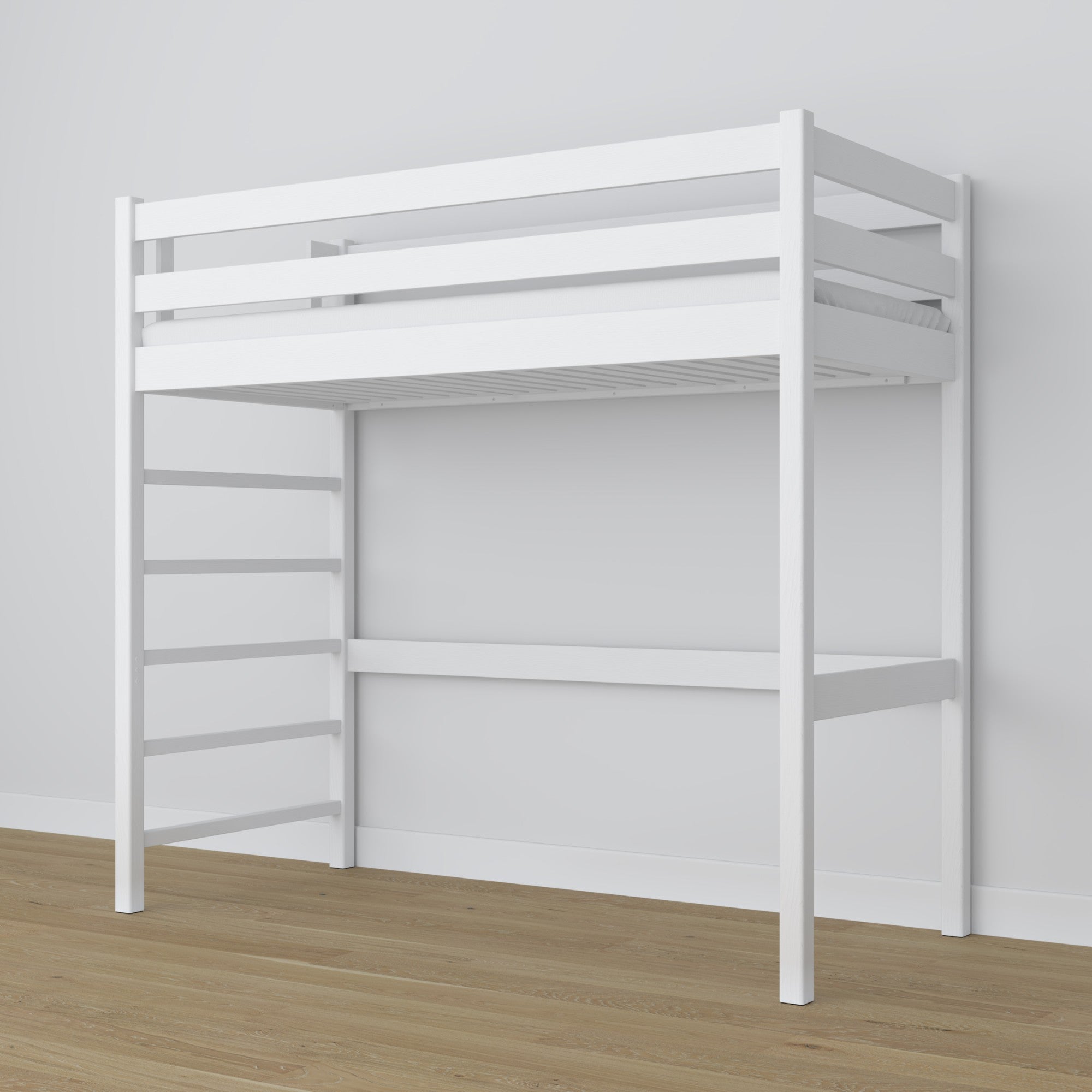 Łóżko na antresoli N01 białe drewniane w stylu skandynawskim, minimalistyczne