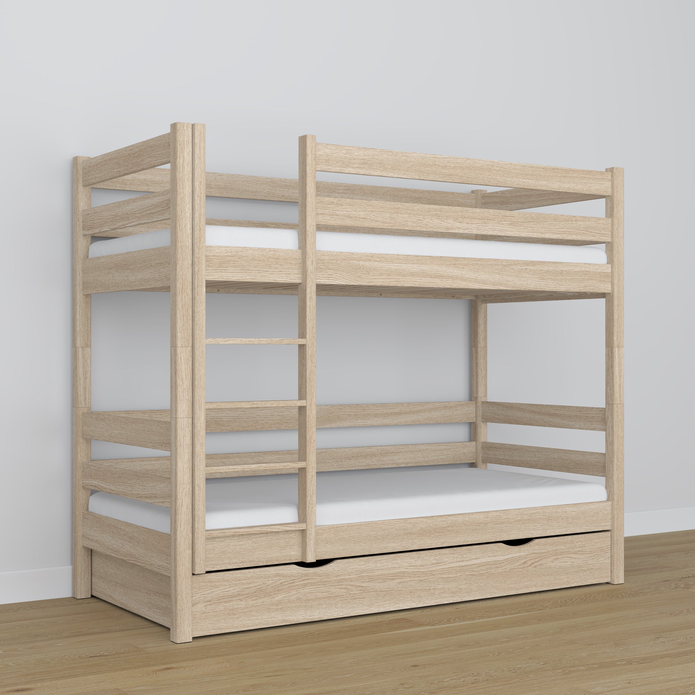 Łóżko piętrowe z szufladą dąb bielony z dębu – skandynawski design, Nizio