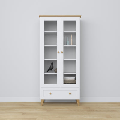 Vitrinekast met lade houten wit met eiken 90 cm – woonkamer, Scandinavische stijl Nizio