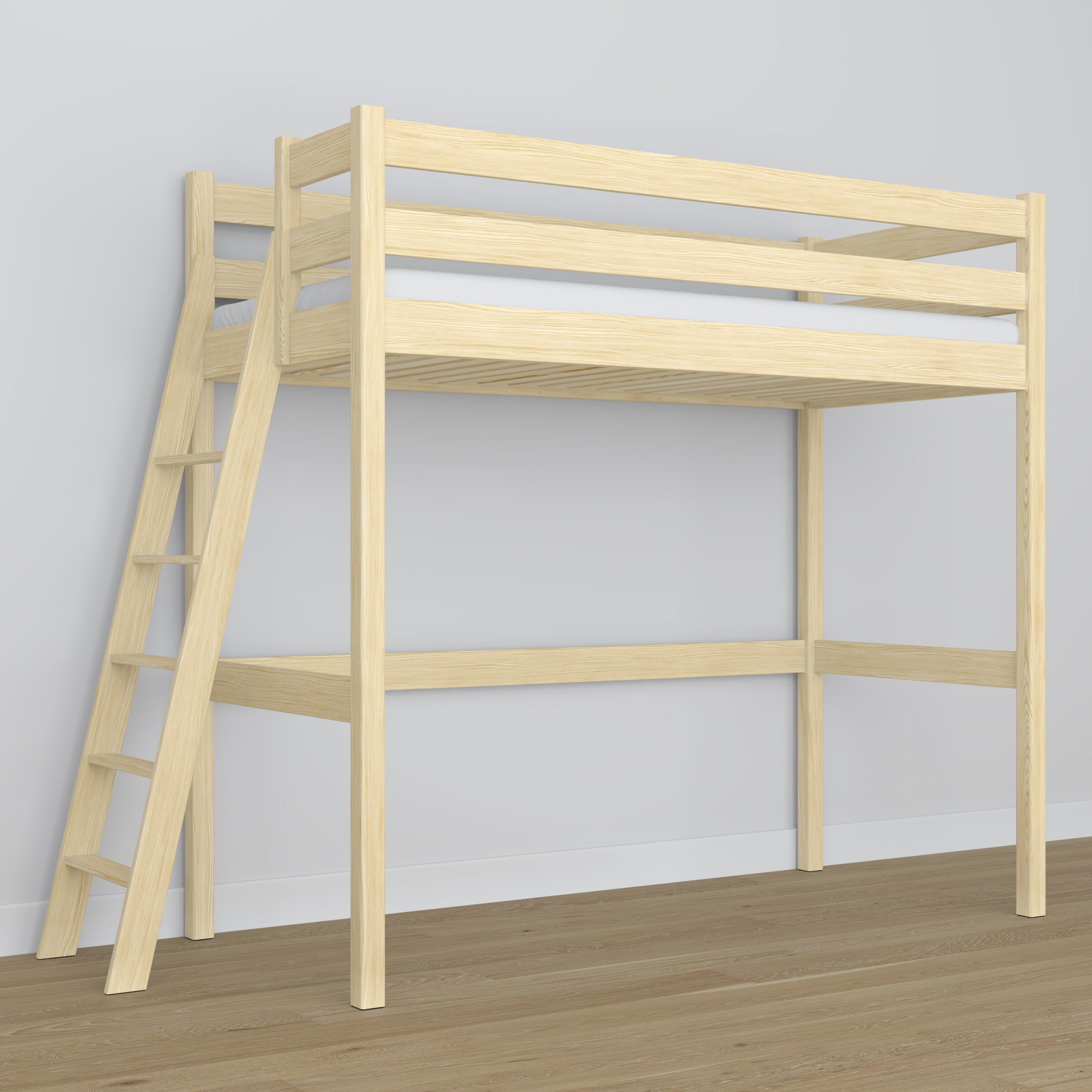 Łóżko na antresoli N02 sosna bezbarwna – widok przestrzeni pod podestem
