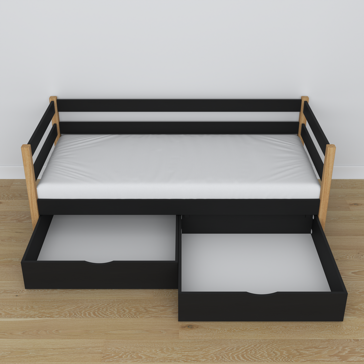 Łóżko sofa drewniane czarno-dębowy – widok ukośny, scandi