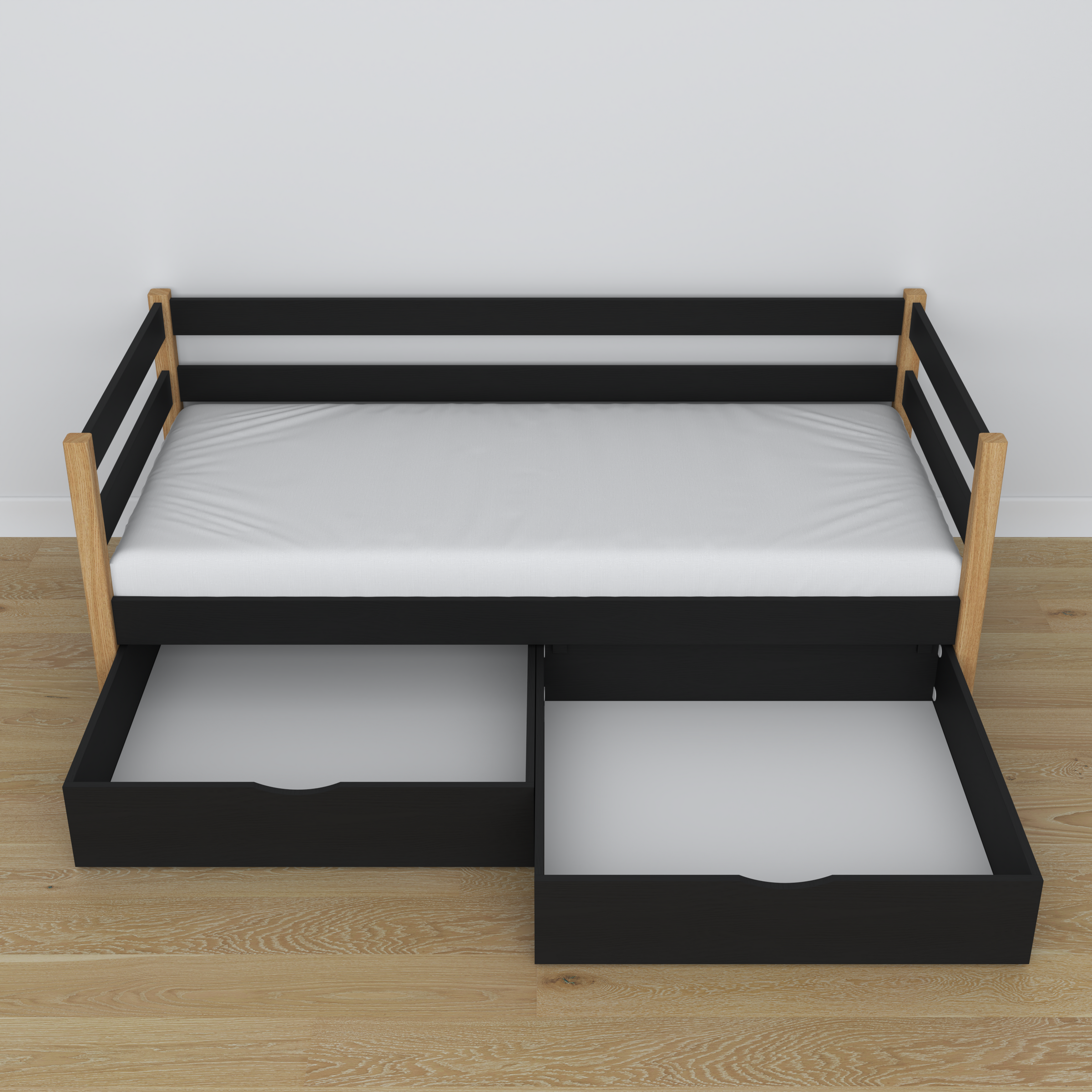 Łóżko sofa drewniane czarno-dębowy – widok ukośny, scandi