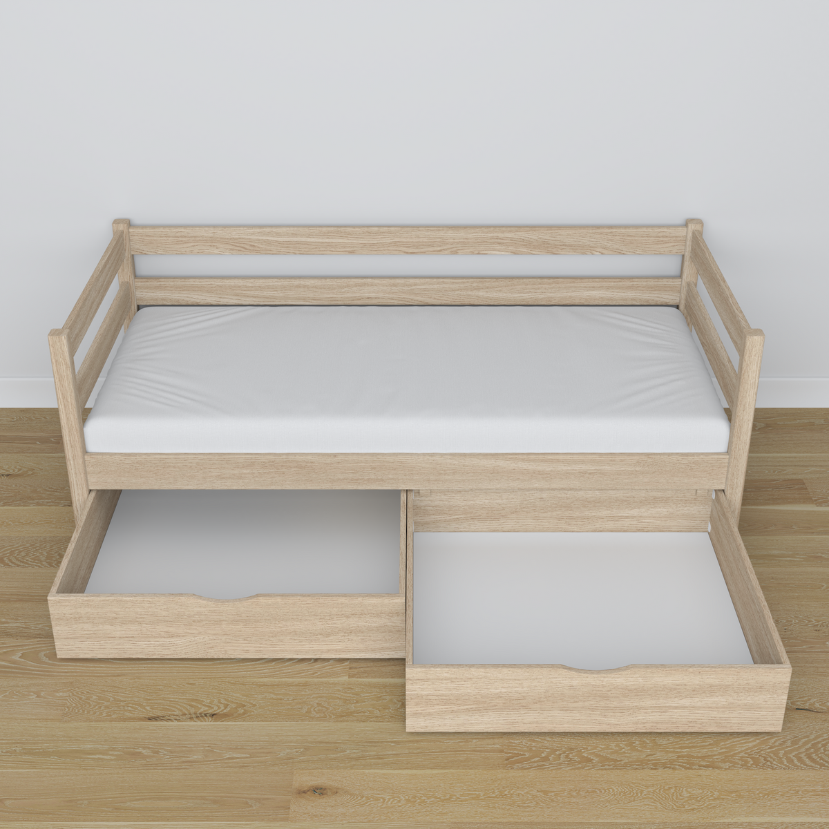 Łóżko sofa dębowe dąb bielony – widok ukośny, scandi