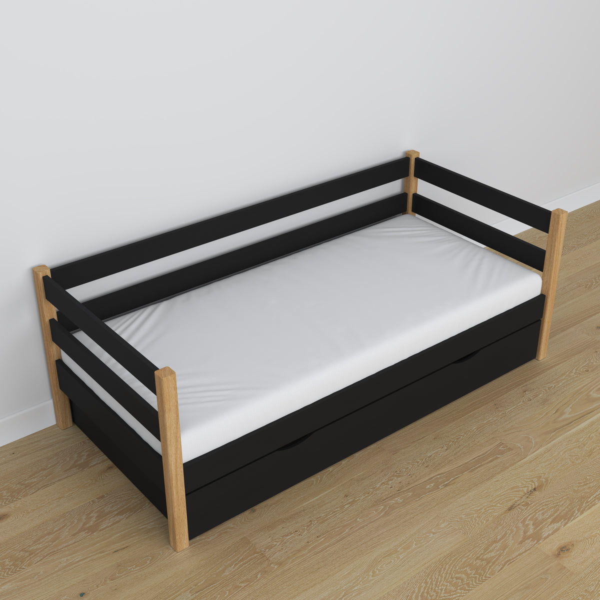 Łóżko sofa czarno-dębowy – detale drewniane i złącza, Nizio Home