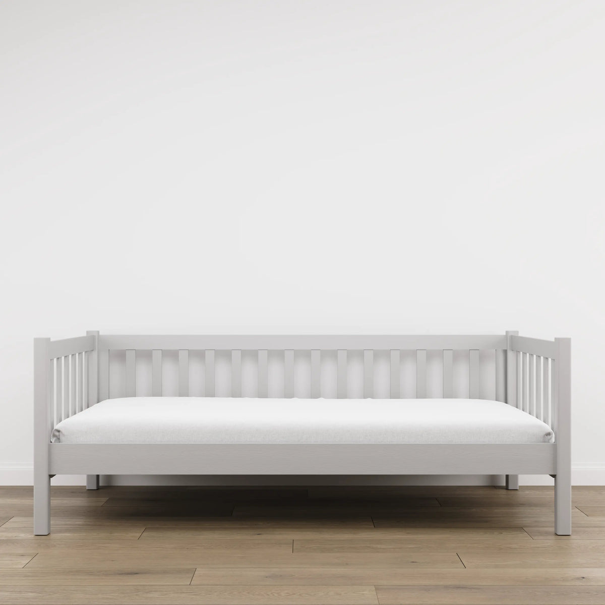 Łóżko sofa drewniane popielaty – widok boczny, bryła i proporcje mebla