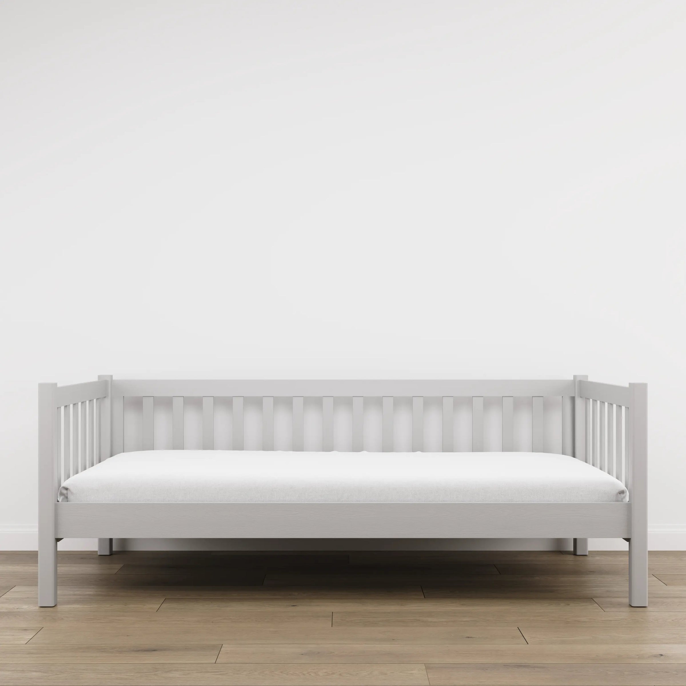 Łóżko sofa drewniane popielaty – widok boczny, bryła i proporcje mebla