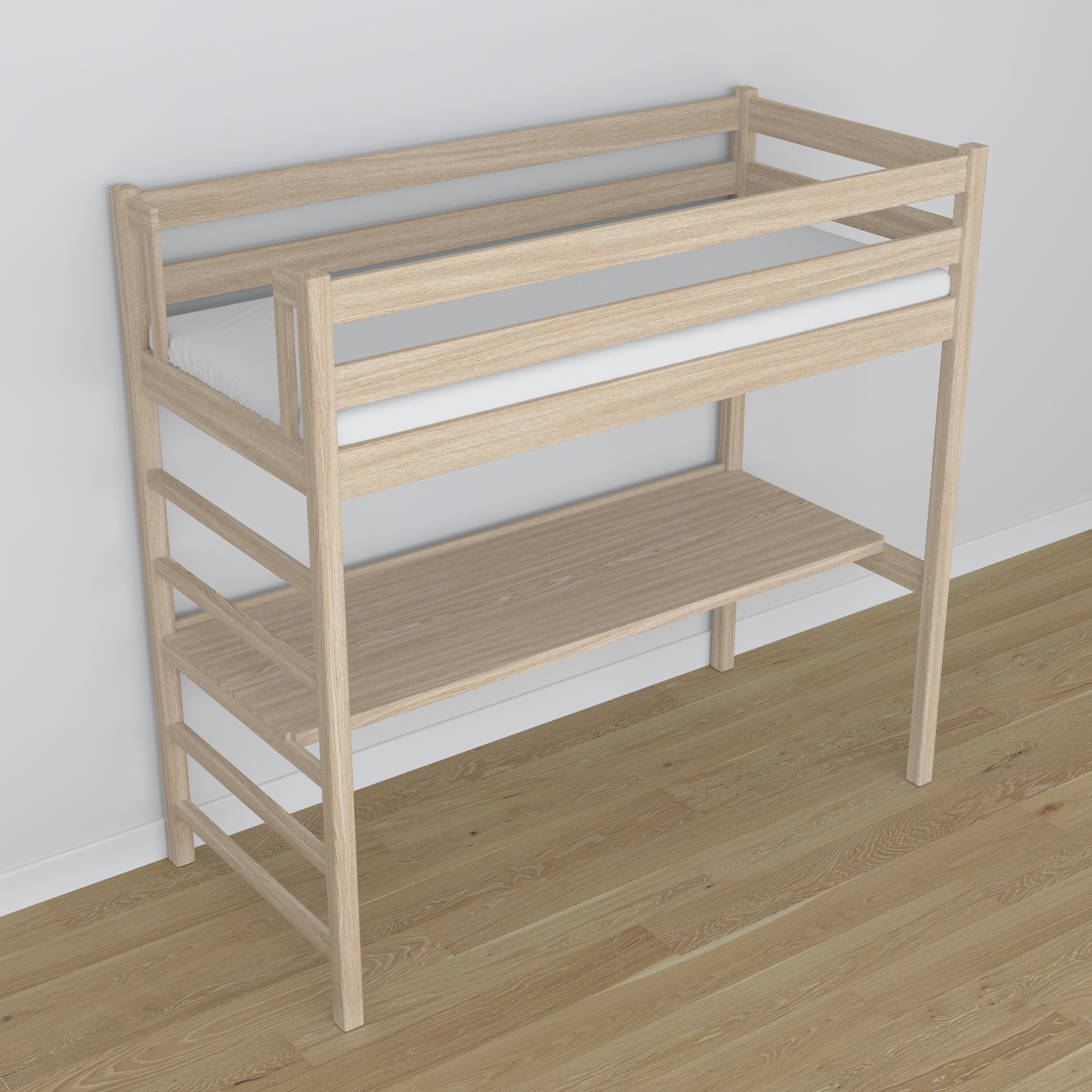 Łóżko na antresoli z biurkiem N01 dąb bielony – detal wykończenia drewna