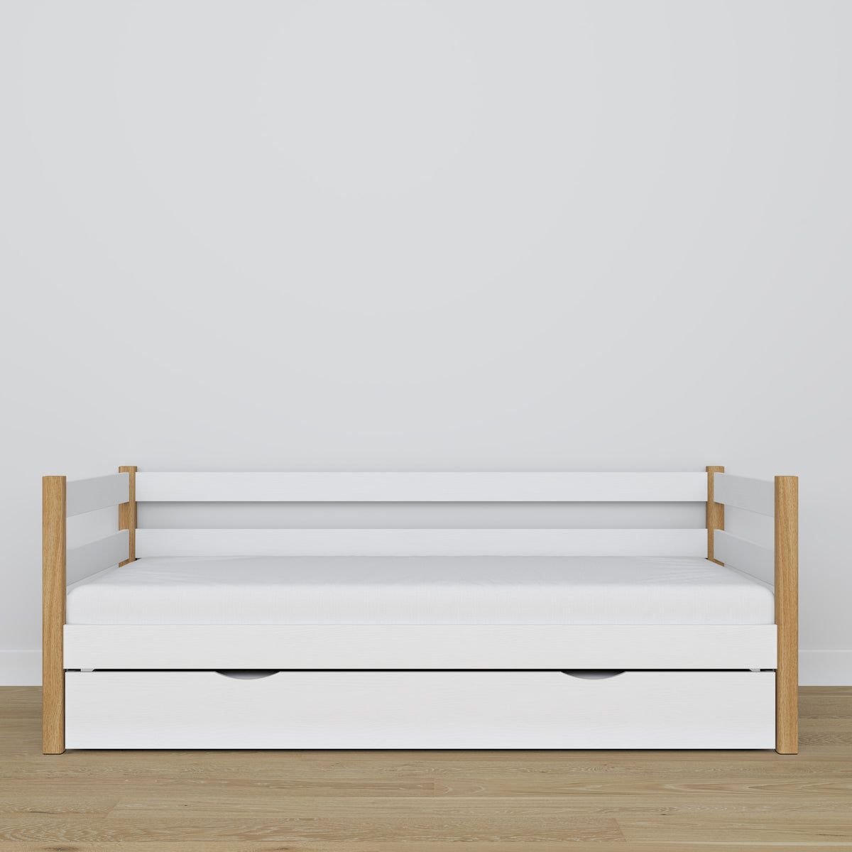 Łóżko sofa z szufladą na materac biało-dębowy z drewna – wymiary, Nizio