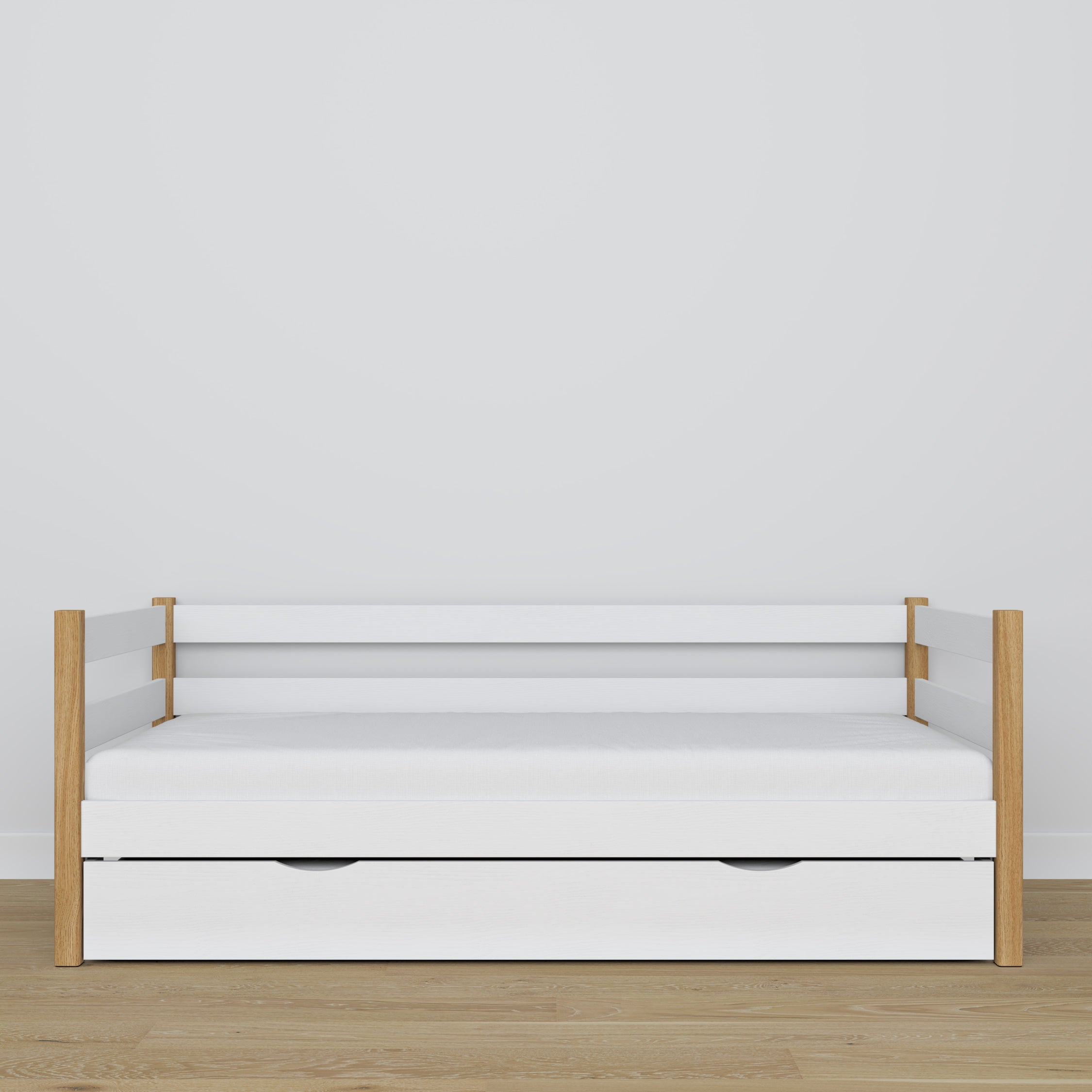 Łóżko sofa z szufladą na materac biało-dębowy z drewna – wymiary, Nizio
