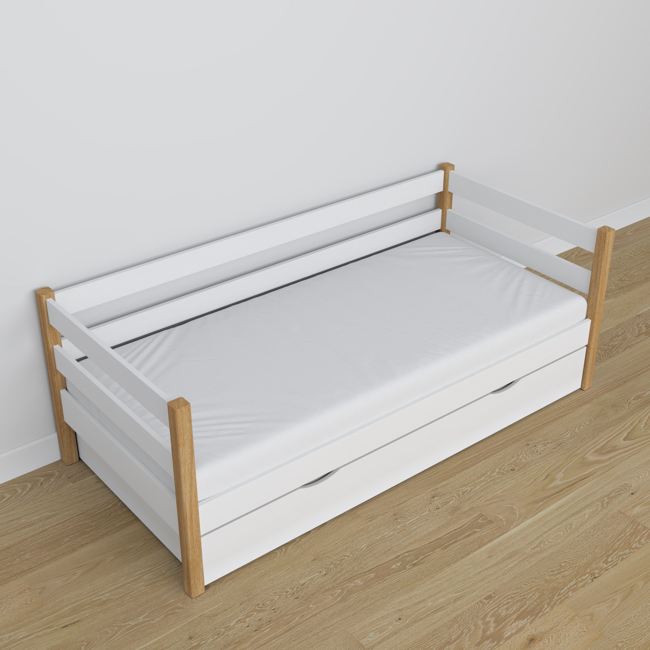 Łóżko sofa z szufladą drewniane biało-dębowy – aranżacja pokoju dziecięcego scandi