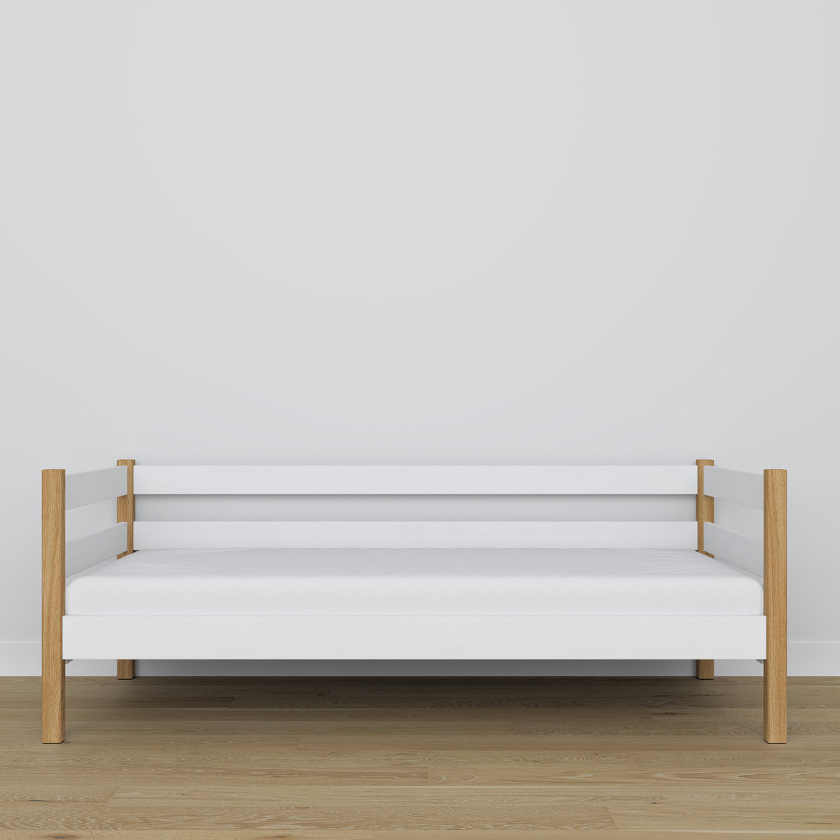 Łóżko sofa drewniane biało-dębowy – detale drewna i złączeń, Nizio Home