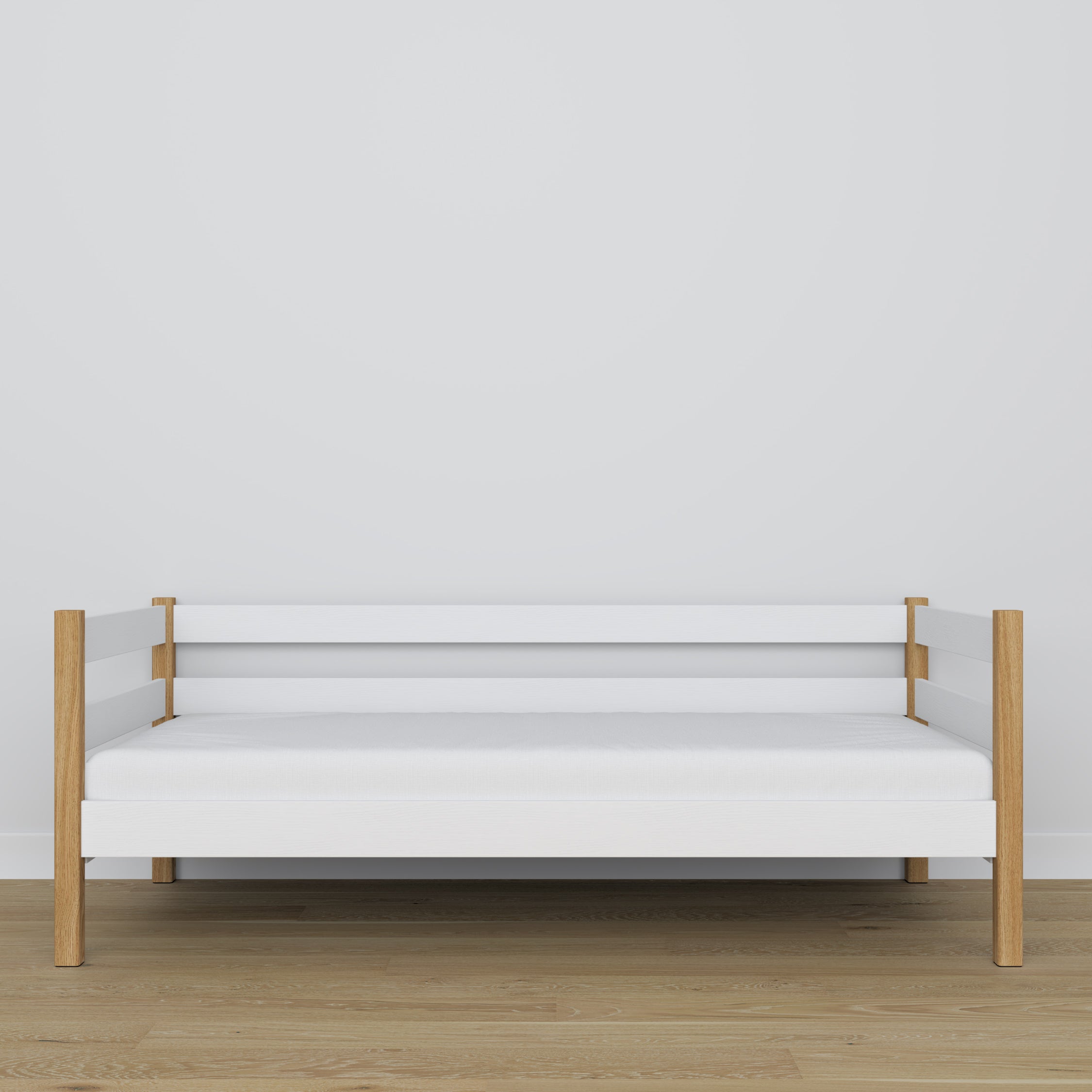 Łóżko sofa drewniane biało-dębowy – detale drewna i złączeń, Nizio Home
